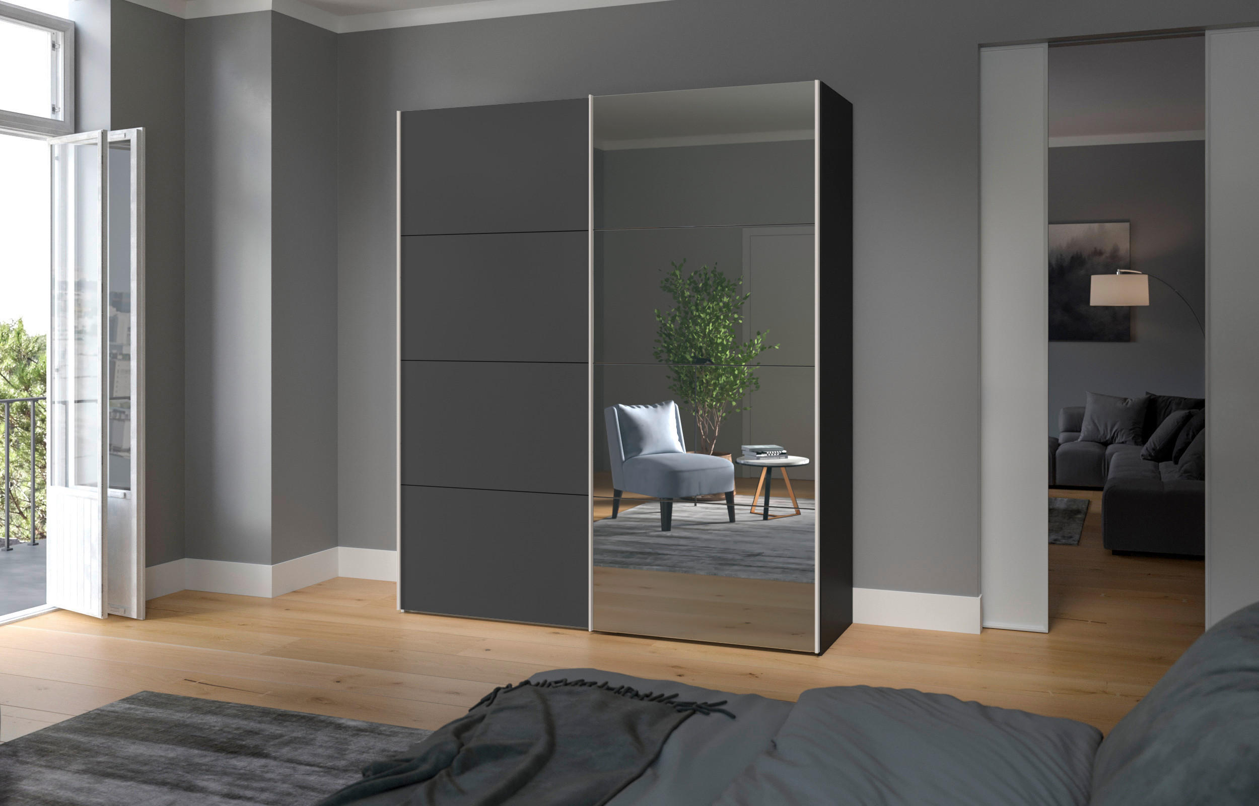 SCHWEBETÜRENSCHRANK 203/236/65 cm 2-türig Anthrazit, Schwarz - Edelstahlfarben/Anthrazit, Design, Glas/Holzwerkstoff (203/236/65cm) - Boxxx
