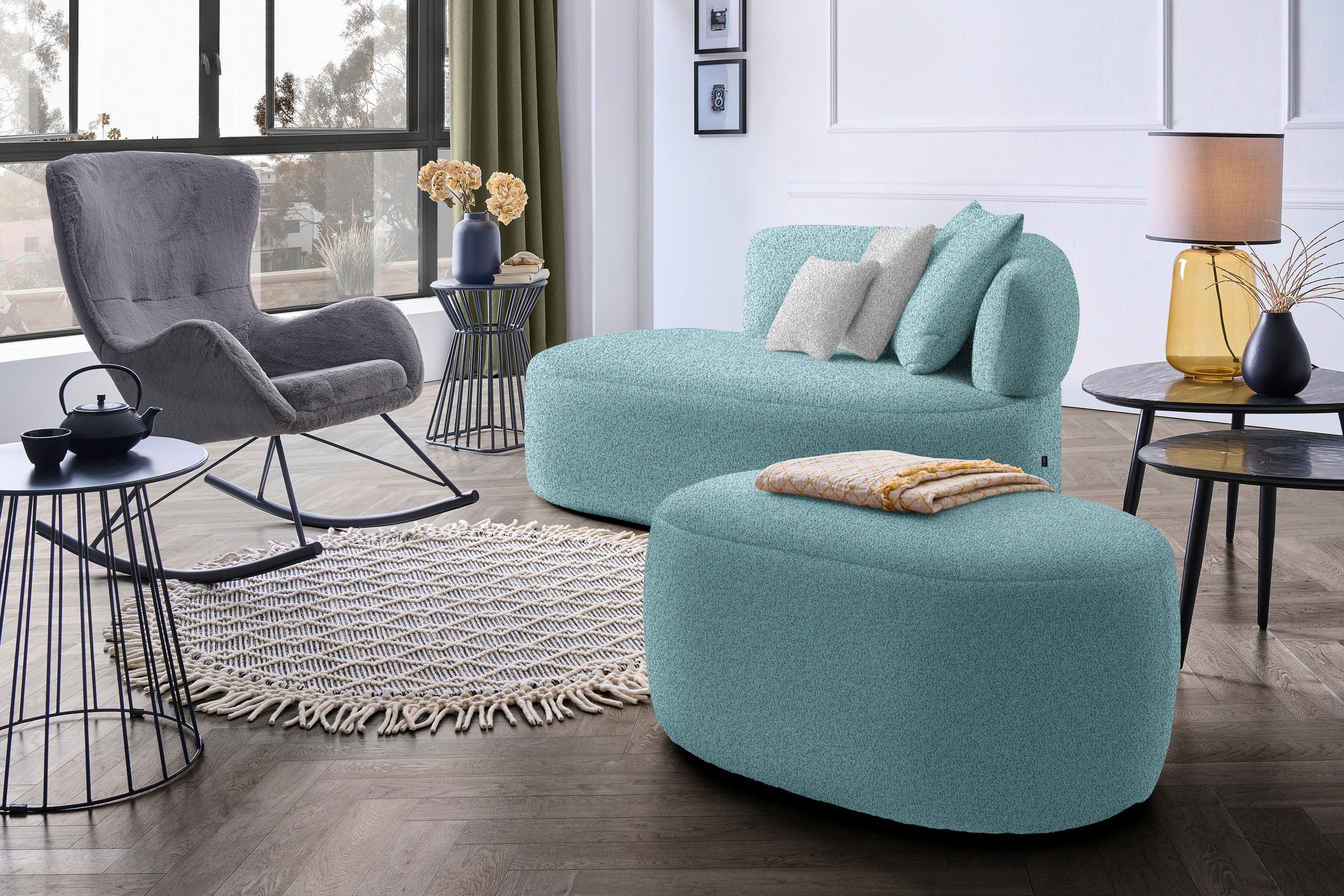 RÉCAMIERE in Bouclé Schwarz, Türkis, Taupe  - Türkis/Taupe, MODERN, Kunststoff/Textil (166/86/105cm) - Hom`in