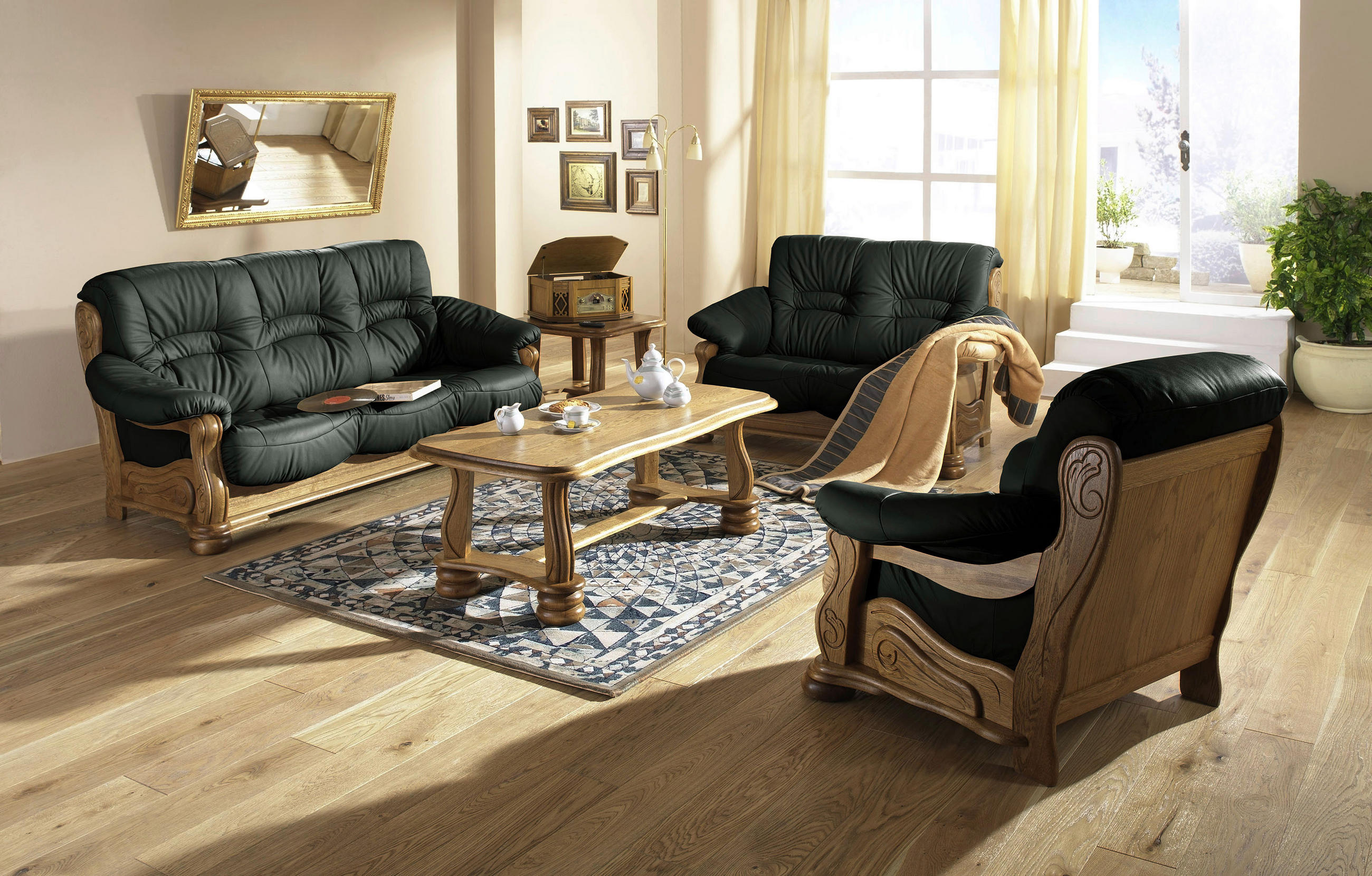 3-SITZER-SOFA in Echtleder Dunkelgrün  - Dunkelgrün/Eichefarben, Lifestyle, Leder/Holz (205/95/95cm) - Max Winzer
