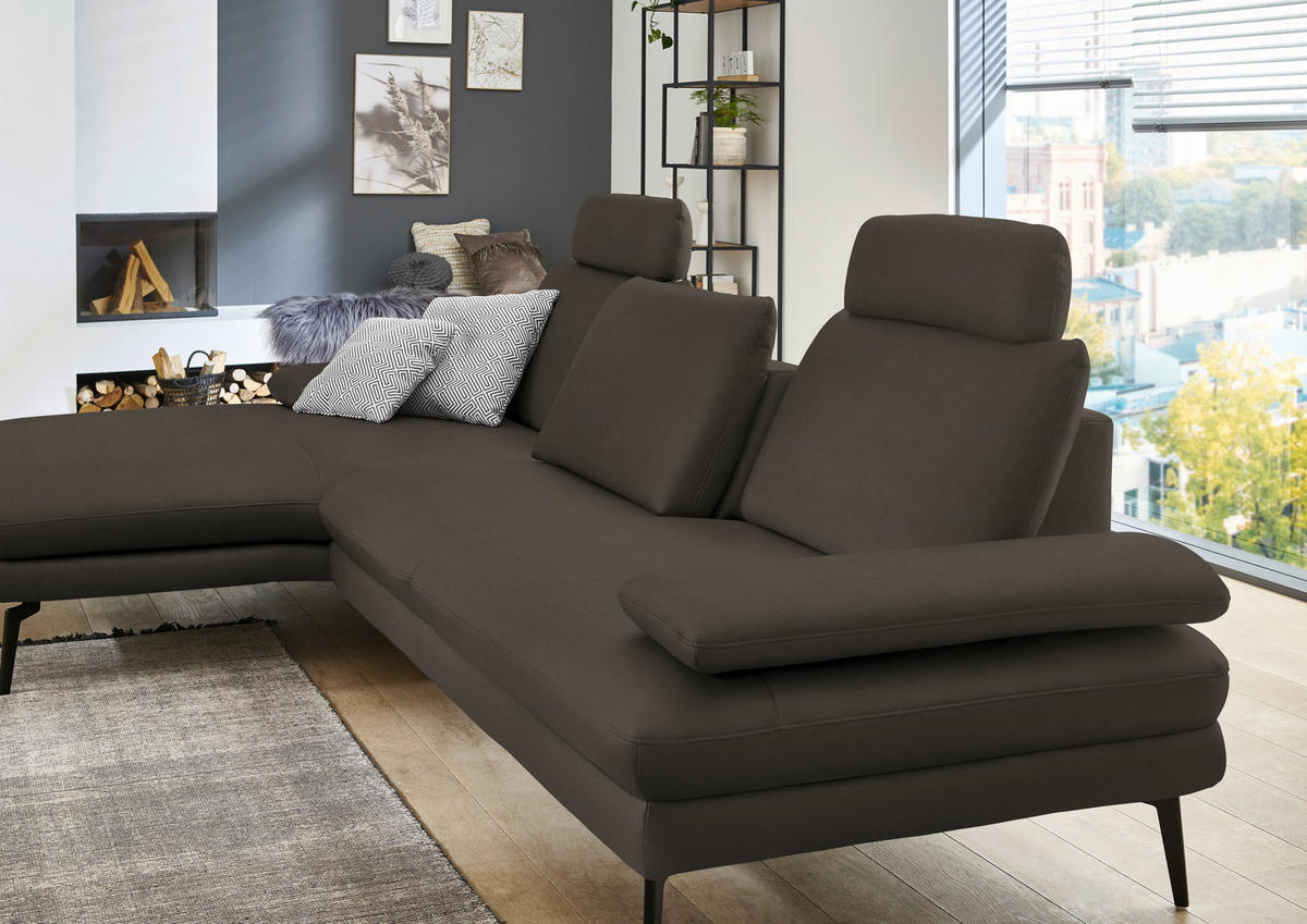 ECKSOFA in Echtleder Graubraun  - Graubraun/Schwarz, Design, Leder/Metall (180/310cm) - Dieter Knoll