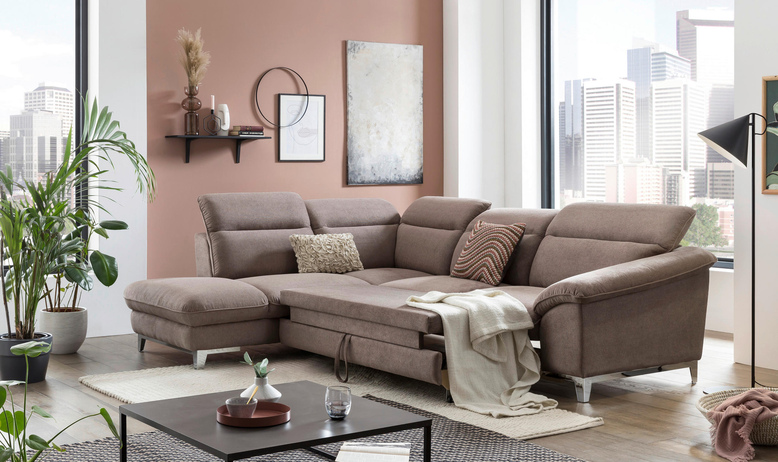 ECKSOFA Taupe Chenille  - Taupe/Chromfarben, Design, Textil/Metall (232/293cm) - Livetastic
