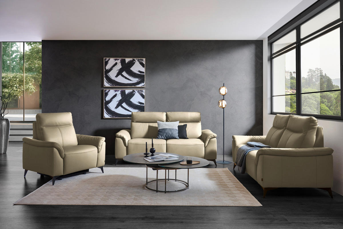 3-SITZER-SOFA Echtleder Ecru  - Ecru/Schwarz, Design, Leder/Metall (207/107/98cm) - Belluti