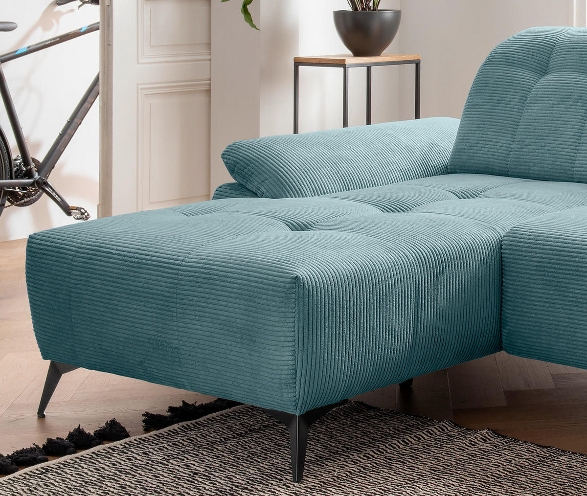 ECKSOFA FIORE in Cord Petrol Kopfteilverstellung, Sitzvorzug  180/280 cm  - Petrol/Schwarz, MODERN, Textil/Metall (180/280cm) - Livetastic