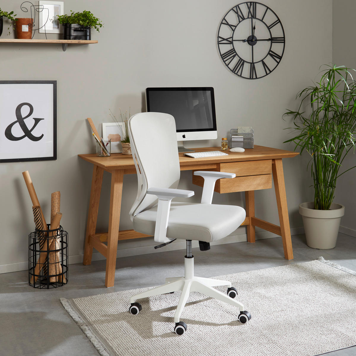 SCAUN ROTATIV  microfibră gri, alb  - alb/gri, Modern, plastic/textil (63/97-105/57cm) - MID.YOU
