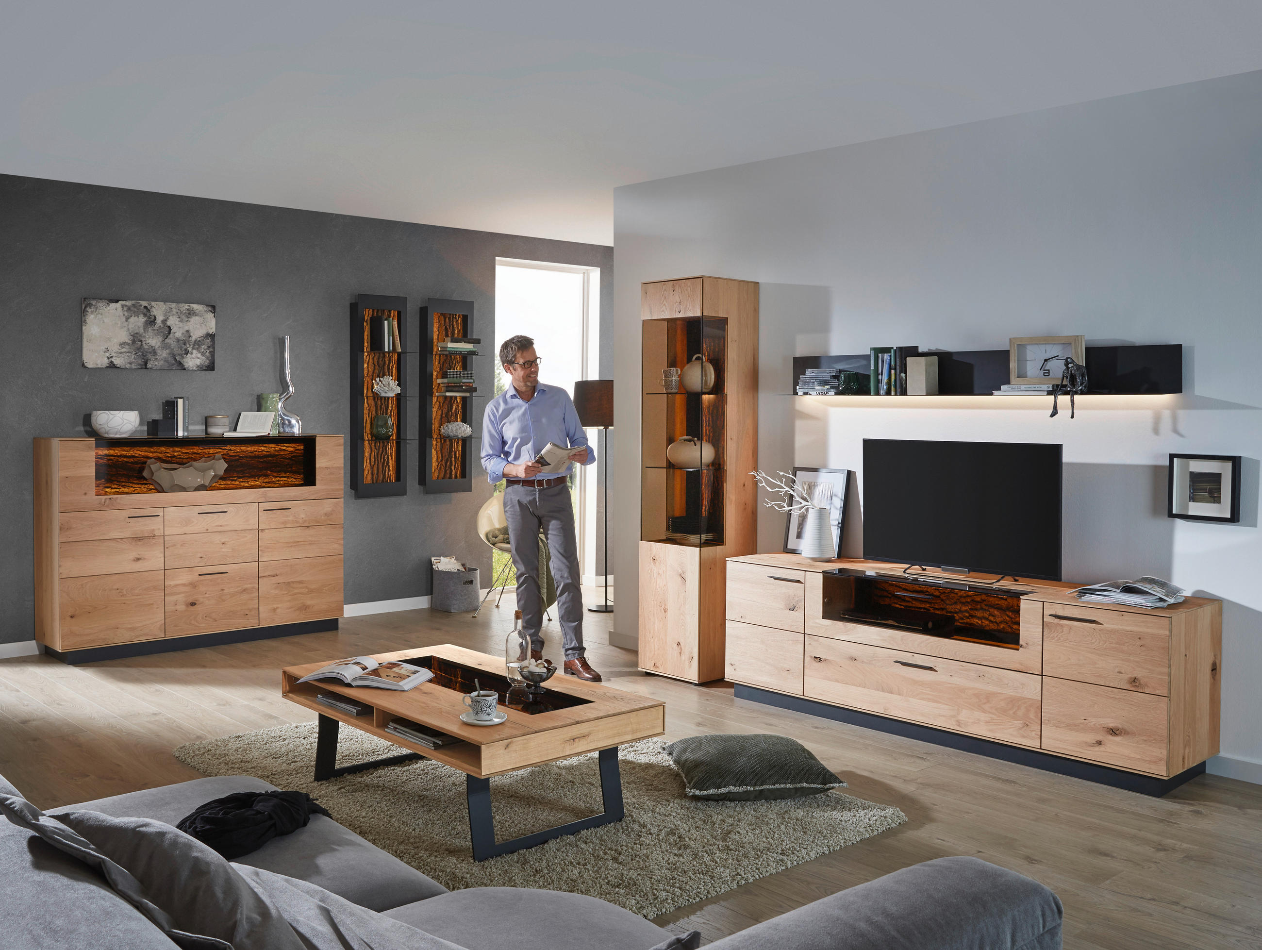 WOHNWAND  in Anthrazit, Eichefarben, Bronzefarben  269/205/49 cm  - Eichefarben/Anthrazit, Design, Glas/Holz (269/205/49cm) - Valnatura