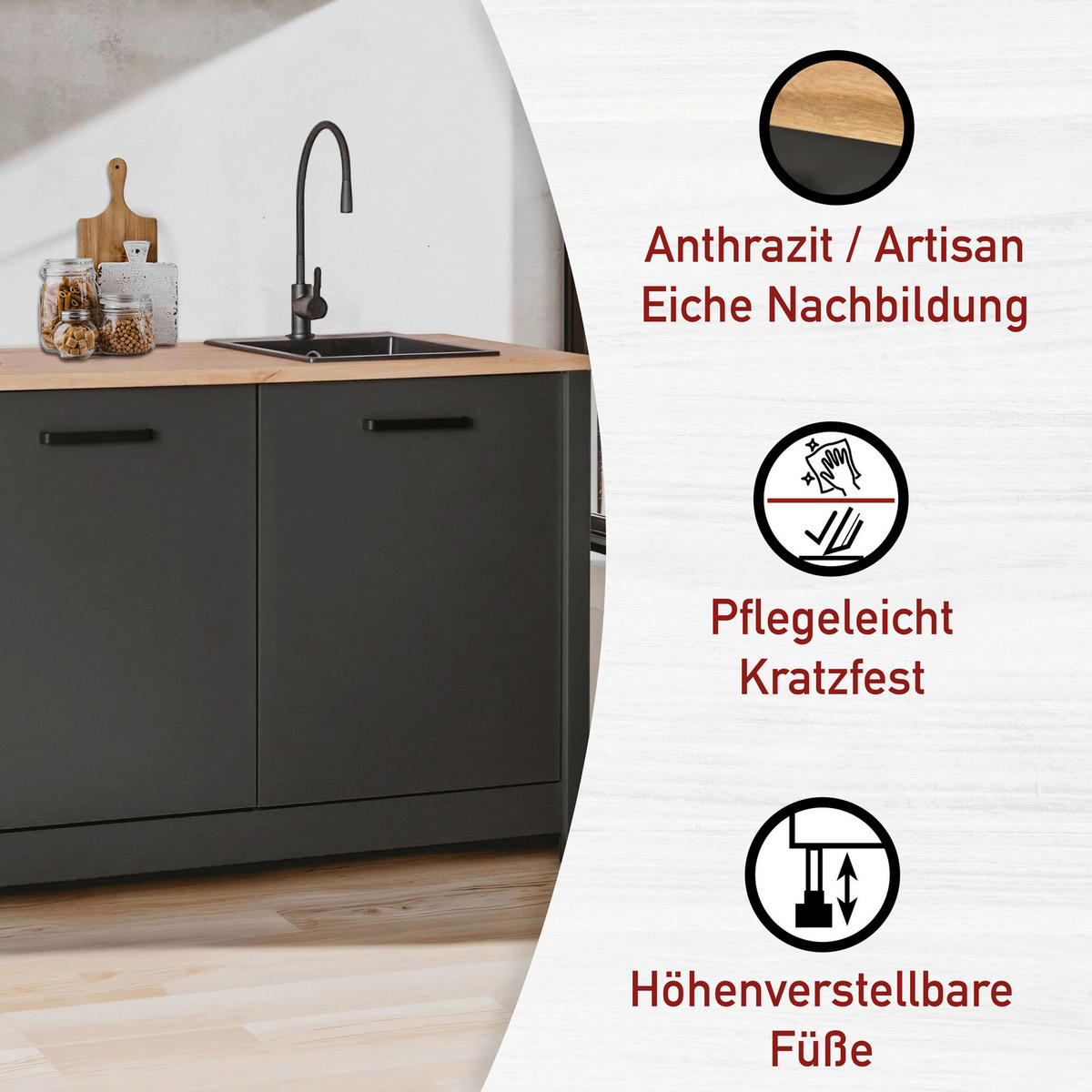 KÜCHENLEERBLOCK   in Anthrazit, Eiche Artisan  - Anthrazit/Schwarz, MODERN, Glas/Holzwerkstoff (300/167/60cm) - home24