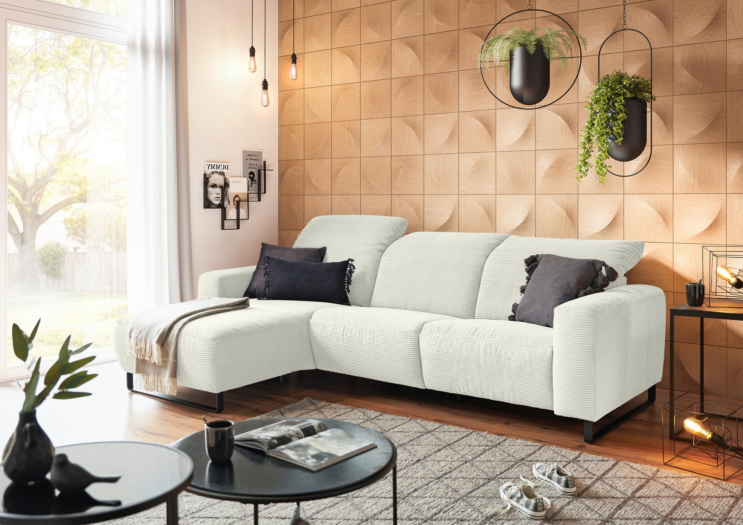ECKSOFA Weiß Cord  - Schwarz/Weiß, KONVENTIONELL, Textil/Metall (180/266cm) - Hom`in