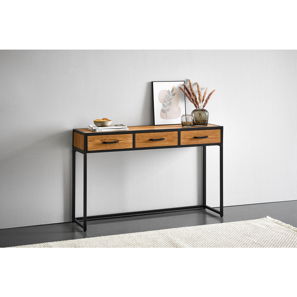 Thumbnail - P & B Konsolentisch, Schwarz, Hellbraun, Holz, Metall, Tanne, furniert, 3 Schubladen, eckig, 120x80x33 cm, Wohnzimmer, W...
