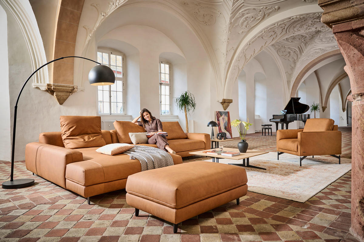 ECKSOFA in Echtleder Hellbraun  - Hellbraun/Anthrazit, Design, Leder/Metall (225/355cm) - Johann Jakob