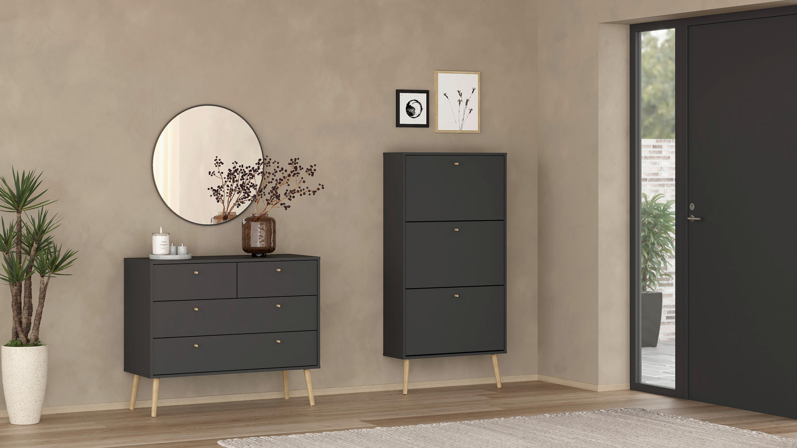 SKOSKÅP MED LUCKOR - grå/ekfärgad, Design, trämaterial/trä (70,3/139,3/24,1cm) - Best Price