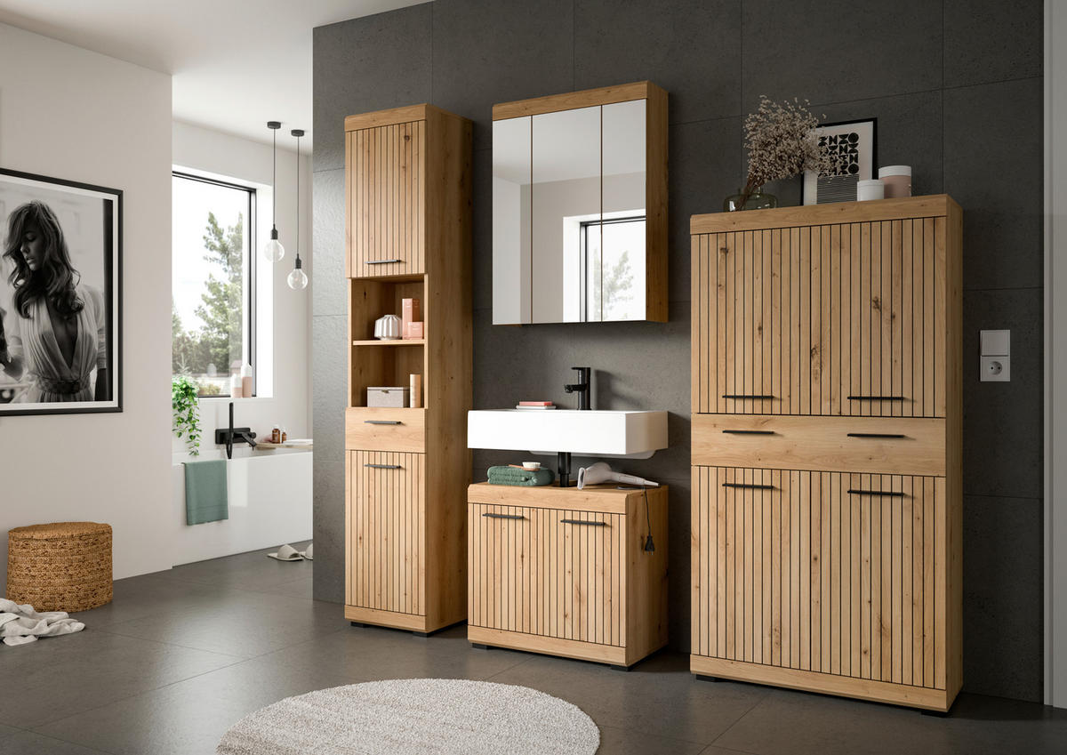 MIDISCHRANK 74/141/31 cm  - Schwarz/Eiche Artisan, Trend, Holzwerkstoff/Kunststoff (74/141/31cm) - MID.YOU