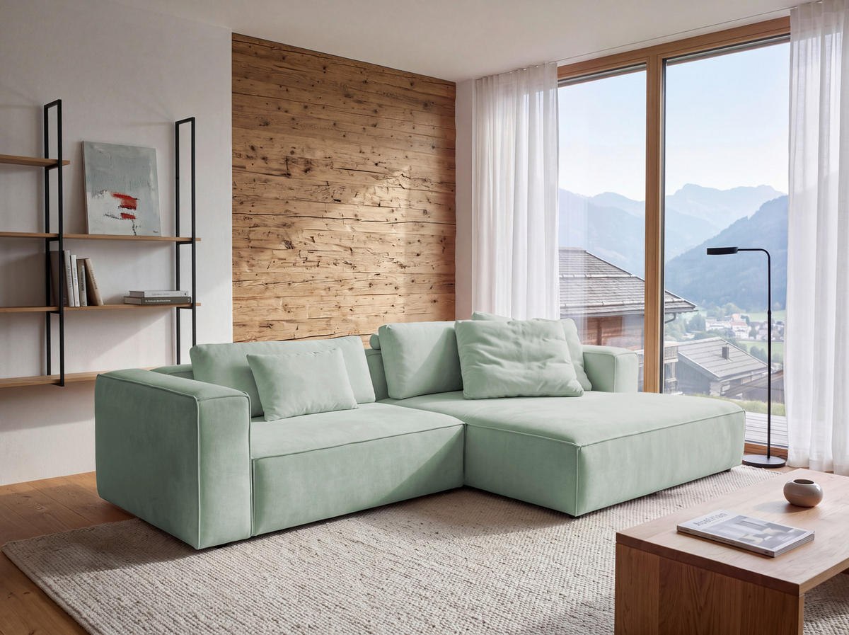 ECKSOFA Mintgrün Chenille Rücken echt  - Schwarz/Mintgrün, MODERN, Kunststoff/Textil (296/185cm) - Hom`in