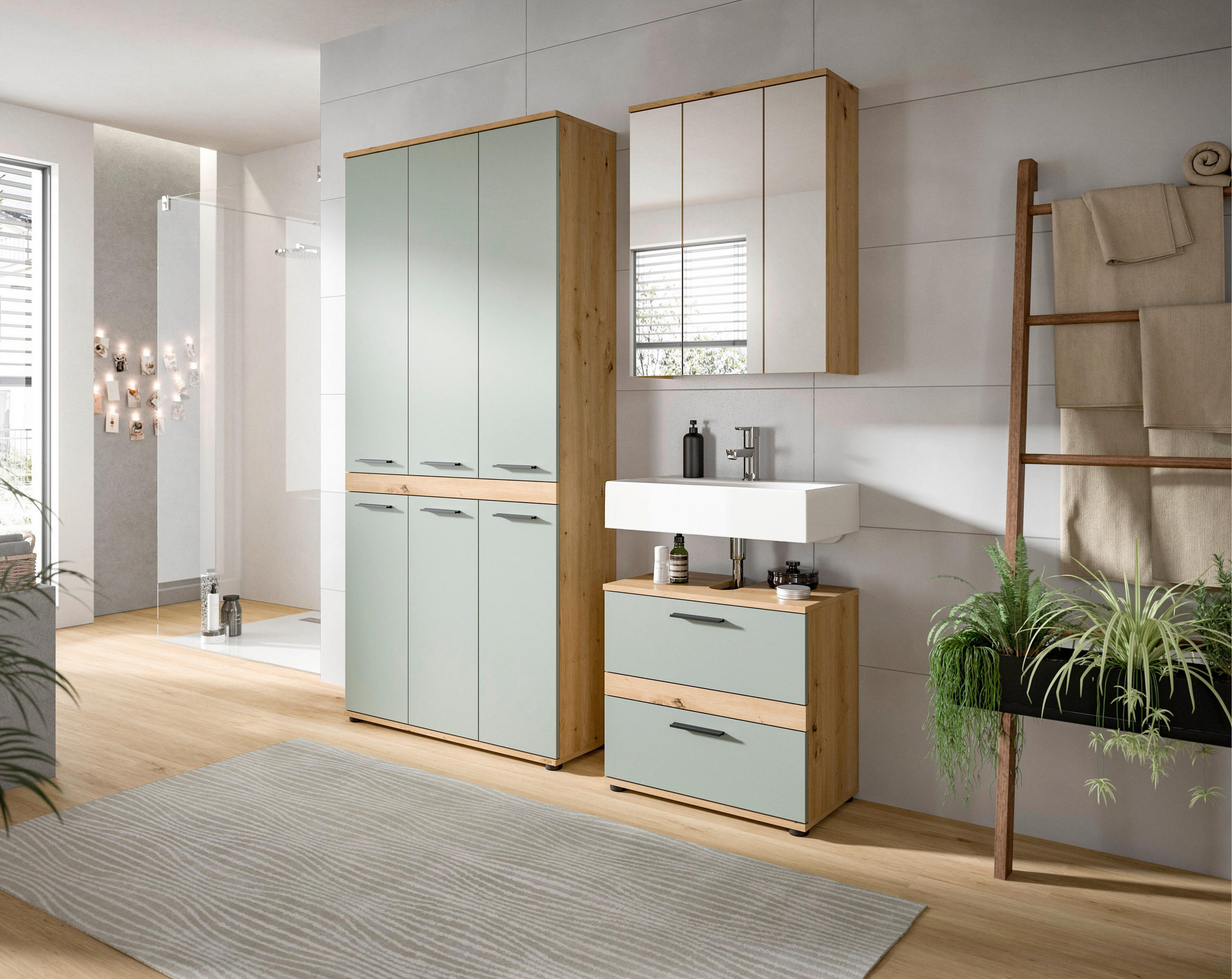 BADEZIMMER 3-teilig  in 165 cm  - Salbeigrün/Schwarz, Trend, Glas/Holzwerkstoff (165cm) - MID.YOU