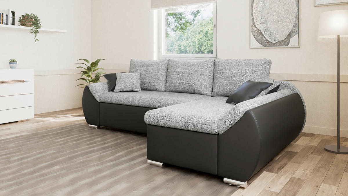 ECKSOFA  AURO Grau, Schwarz  - Silberfarben/Schwarz, Design, Kunststoff/Textil (275/155cm) - MID.YOU