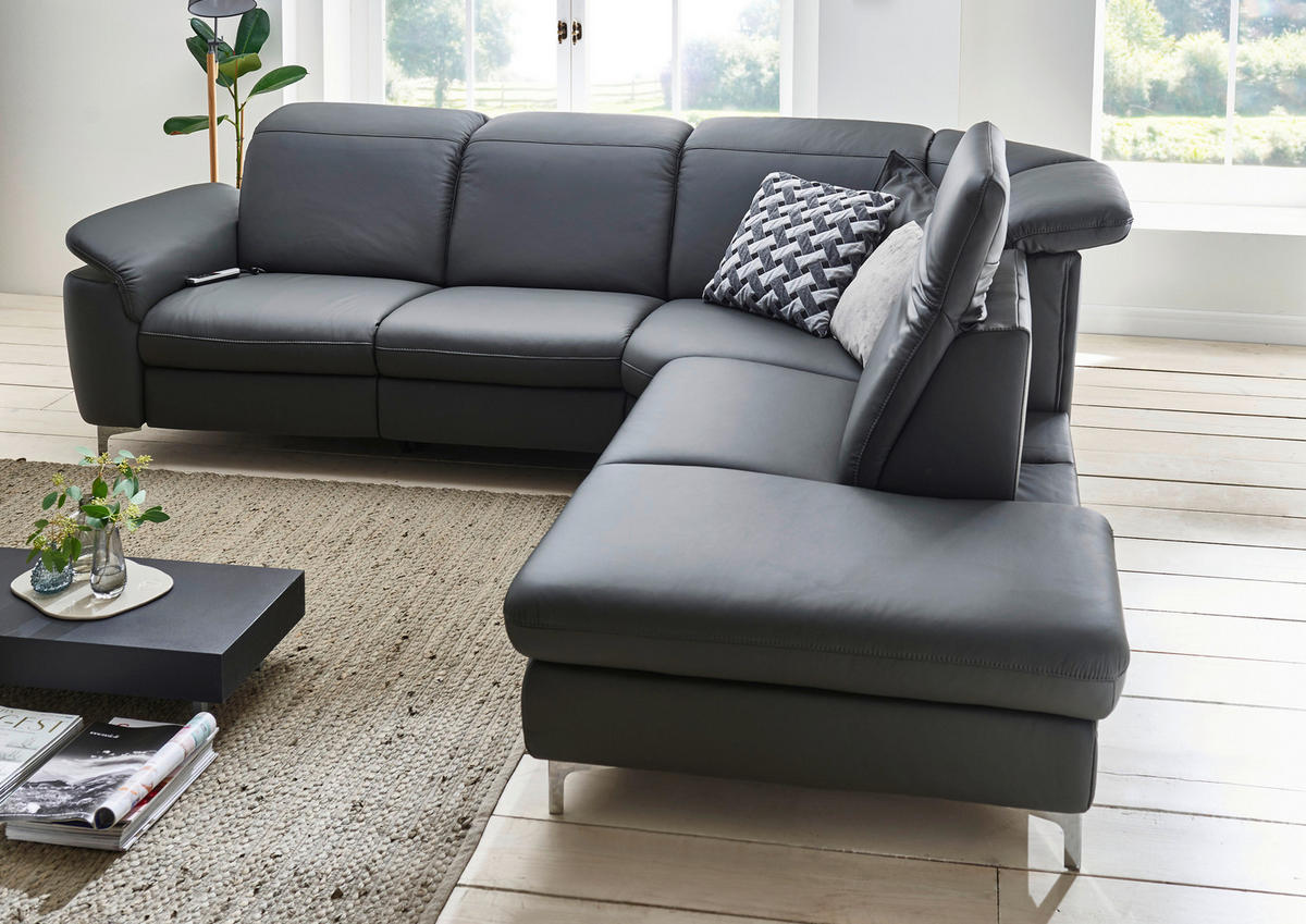 ECKSOFA in Echtleder Anthrazit  - Chromfarben/Anthrazit, KONVENTIONELL, Leder/Metall (292/242cm) - Cantus