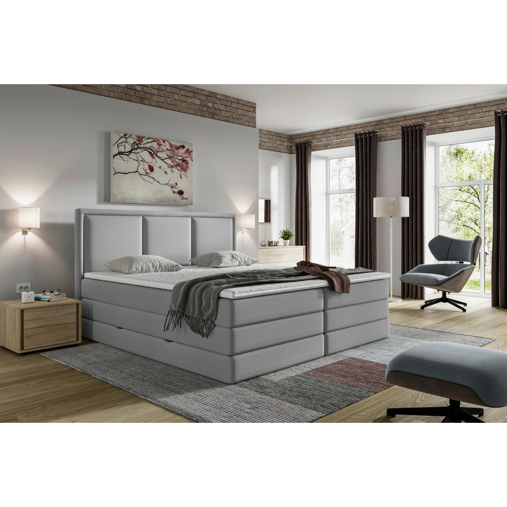 Thumbnail - Mid.you Boxspringbett, Grau, Textil, H2 + H3, 7-Zonen, Höhe ca. 18 cm, 180x220 cm, Bettkasten, gepolstertes Kopfteil, St...