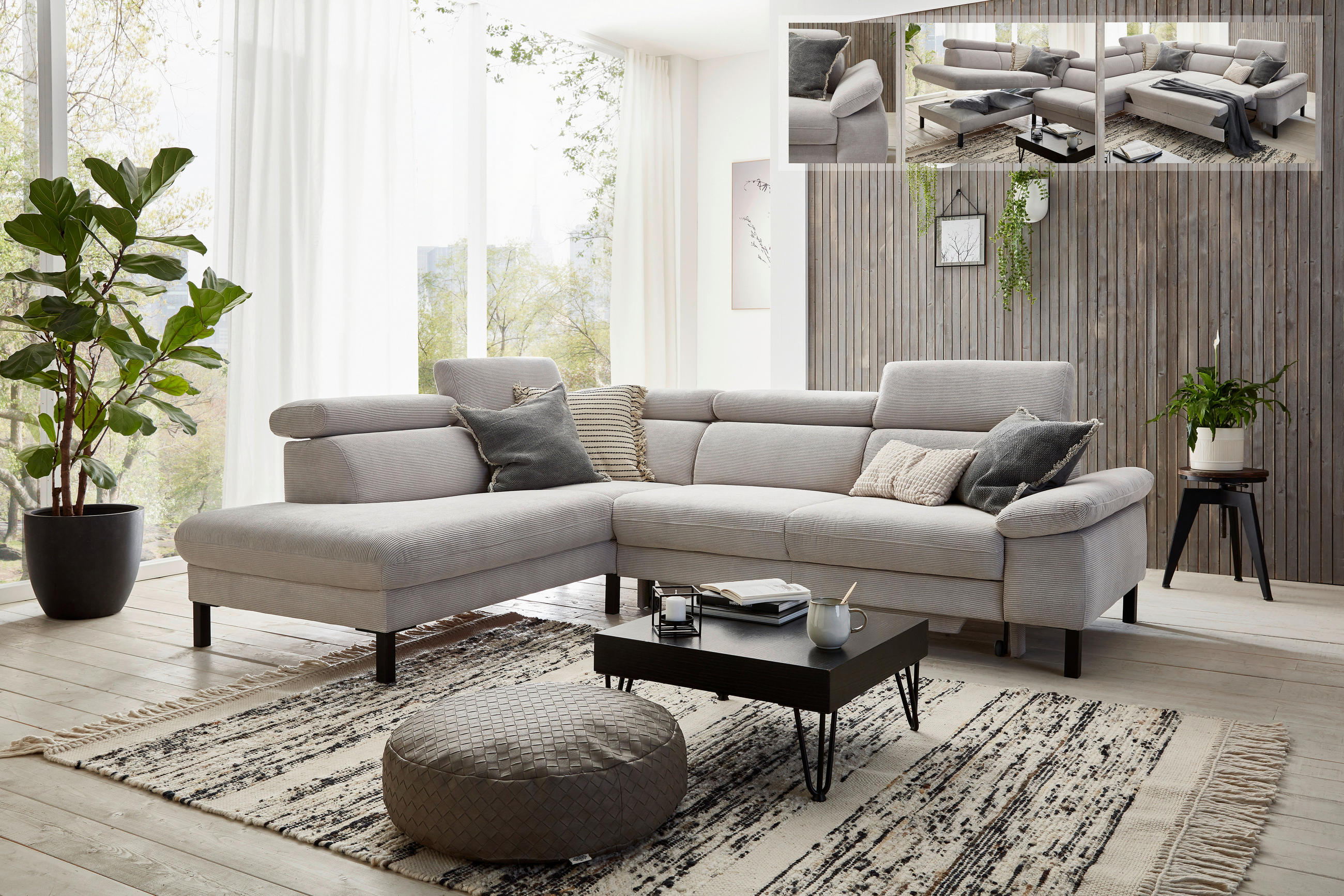 ECKSOFA in Cord Grau  - Schwarz/Grau, Design, Holzwerkstoff/Textil (217/272cm) - Pure Home Comfort