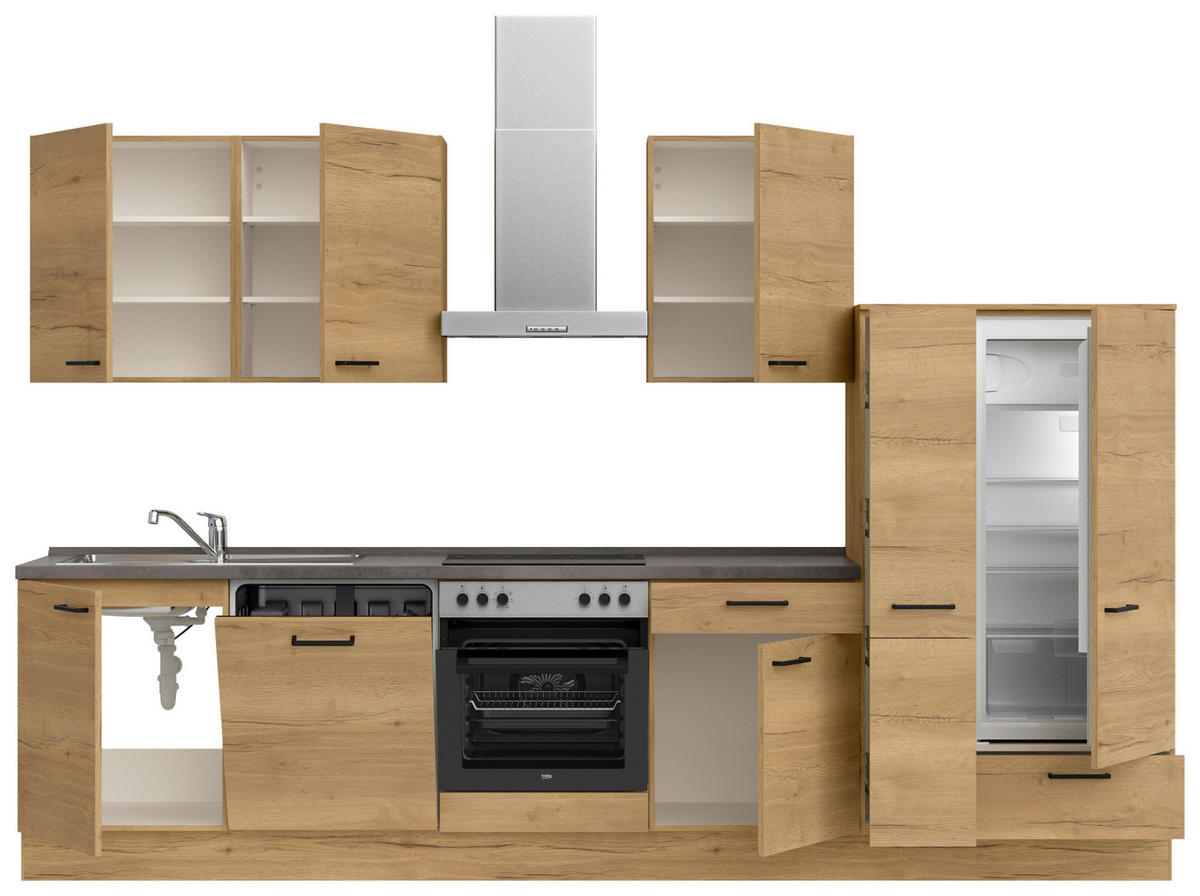 KÜCHENBLOCK 330 cm   in Eichefarben, Schieferfarben  - Schieferfarben/Eichefarben, MODERN, Holzwerkstoff/Metall (330cm) - Nobilia