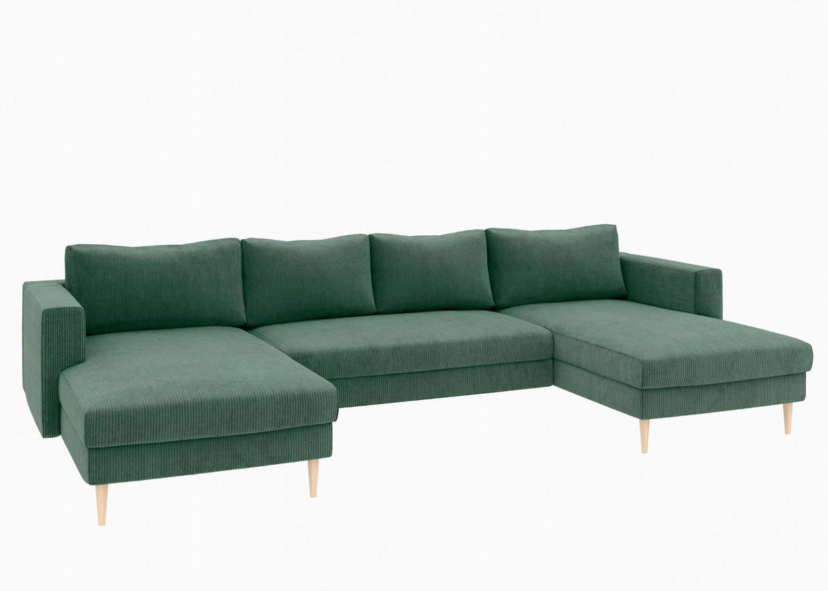 WOHNLANDSCHAFT Dunkelgrün Cord  - Dunkelgrün/Buchefarben, MODERN, Holz/Textil (161/306/161cm) - Trendmanufaktur