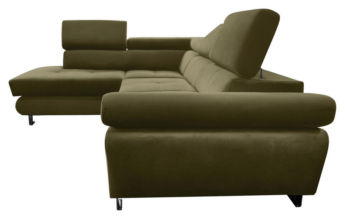 ECKSOFA Grün Webstoff Bettkasten, Schlaffunktion, Rücken echt, Armteilverstellung, Kopfteilverstellung  - Chromfarben/Grün, MODERN, Textil/Metall (205/278cm) - Stylife