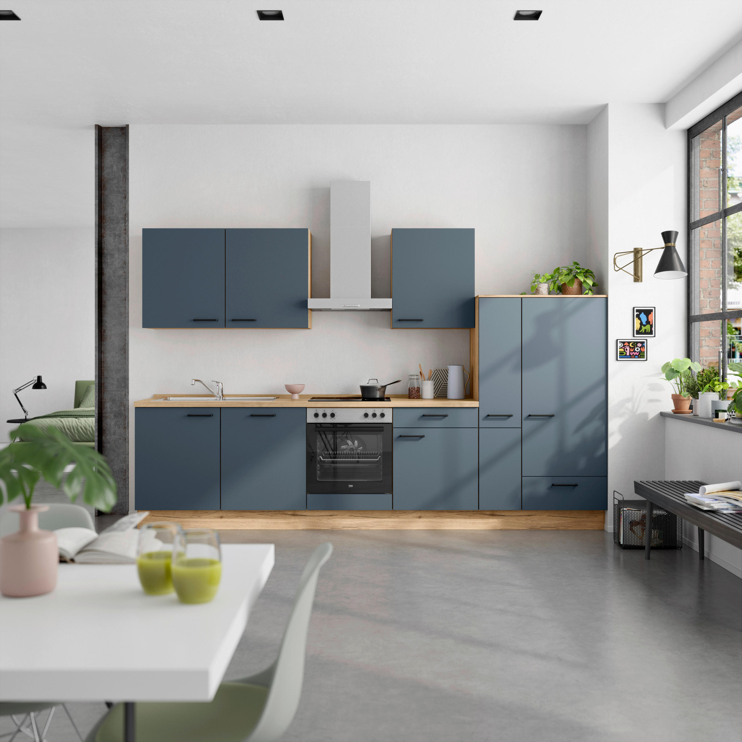 KÜCHENBLOCK 330 cm   in Eichefarben, Dunkelblau  - Eichefarben/Schwarz, MODERN, Holzwerkstoff/Metall (330cm) - Nobilia