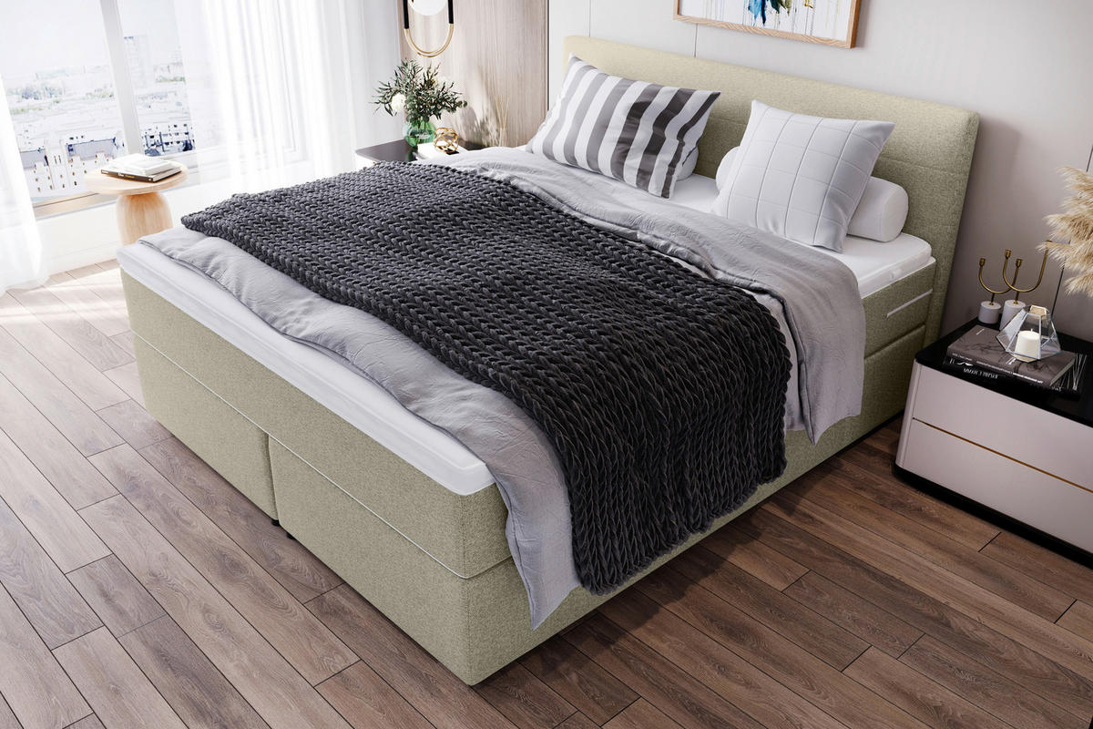 BOXSPRINGBETT 200/200 cm,  in Beige, Topper, Matratzen, H3 = fest  - Chromfarben/Beige, KONVENTIONELL, Kunststoff/Textil (200/200cm) - Boxxx