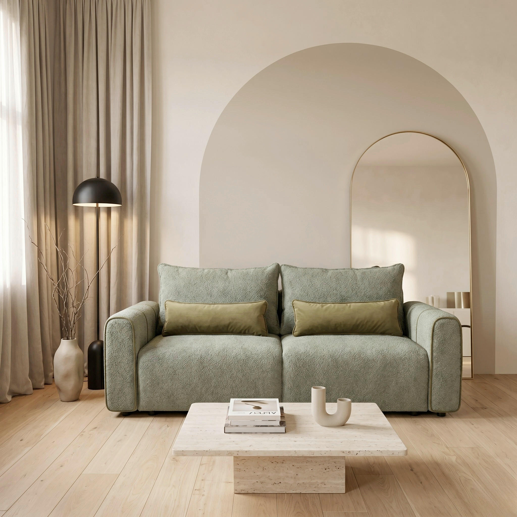 SCHLAFSOFA KIARA Bouclé Grün  inkl.  - Schwarz/Grün, Design, Kunststoff/Textil (235/100/100cm) - MID.YOU