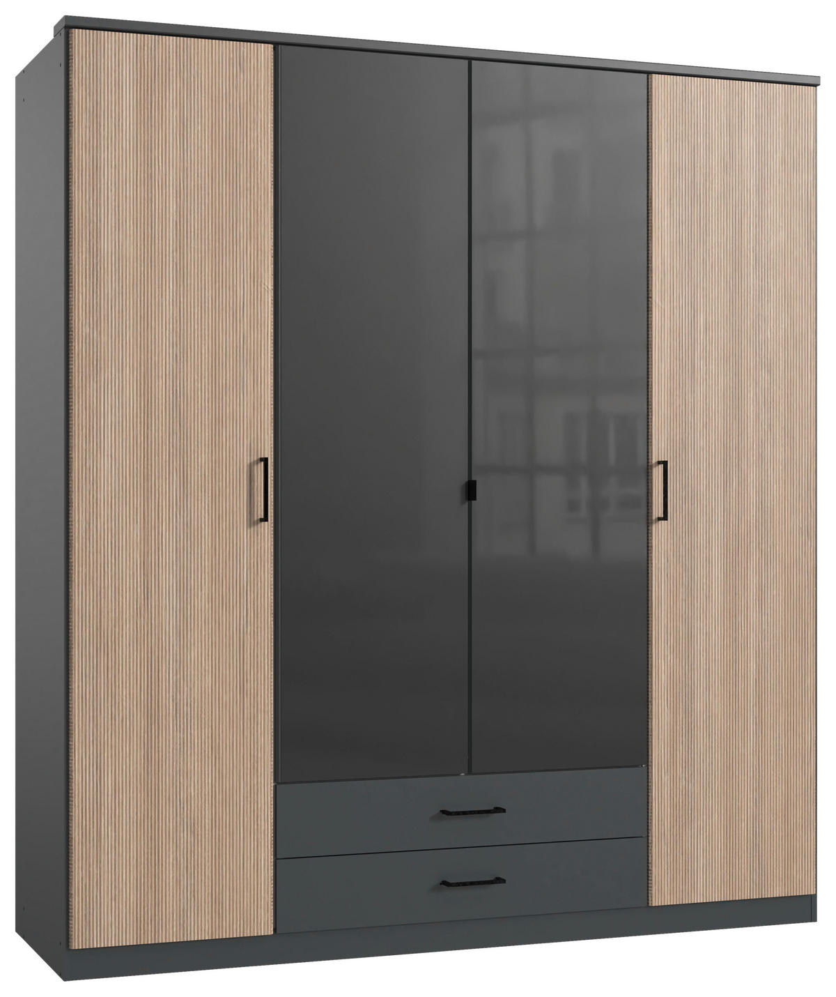 KLEIDERSCHRANK 180/199/58 cm,  in Braun, Graphitfarben, Dunkelgrau, 4-türig  - Dunkelgrau/Schwarz, KONVENTIONELL, Glas/Holzwerkstoff (180/199/58cm) - Boxxx