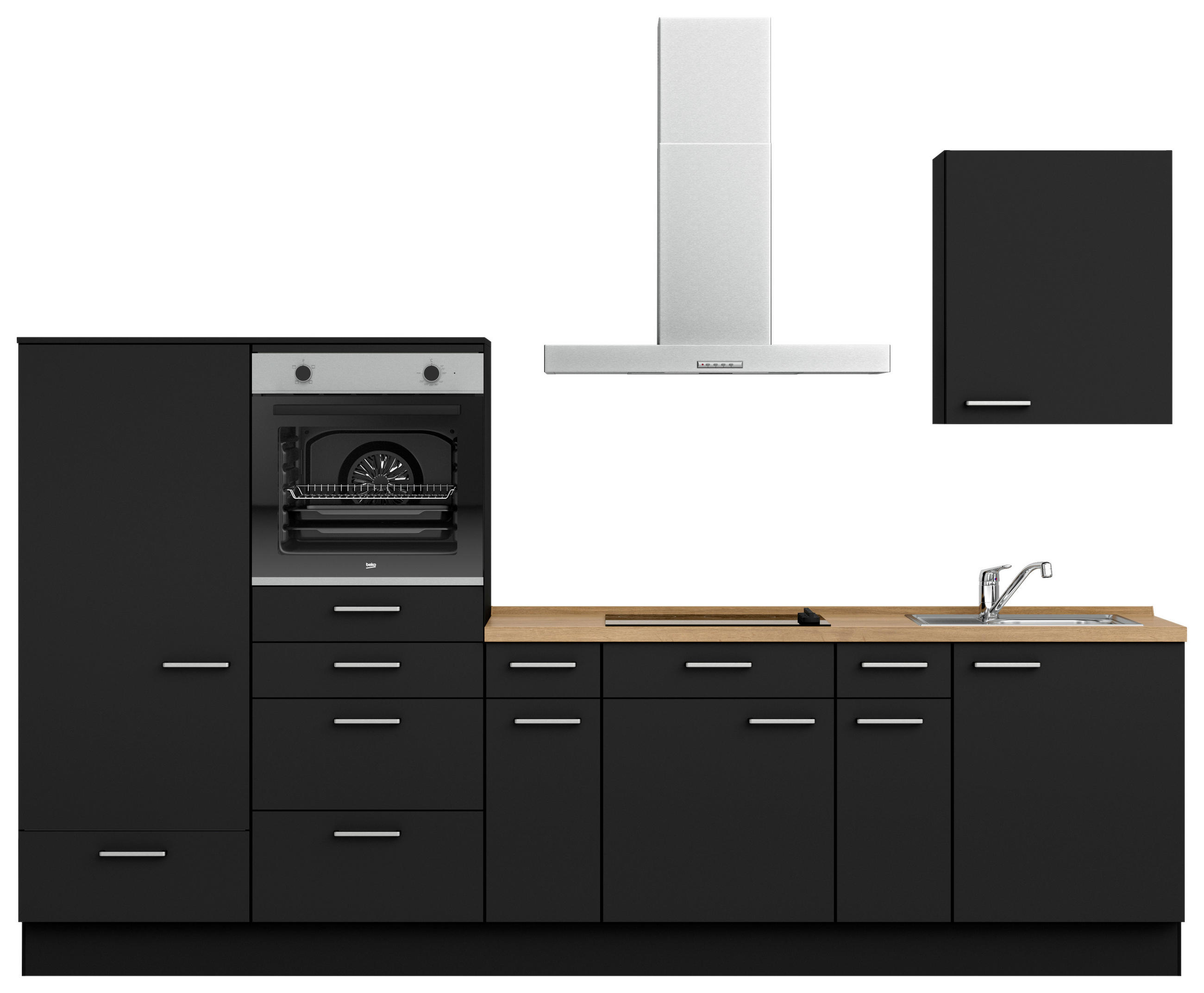 KÜCHENBLOCK 300 cm   in Schwarz, Eichefarben  - Edelstahlfarben/Eichefarben, MODERN, Holzwerkstoff/Metall (300cm) - Nobilia