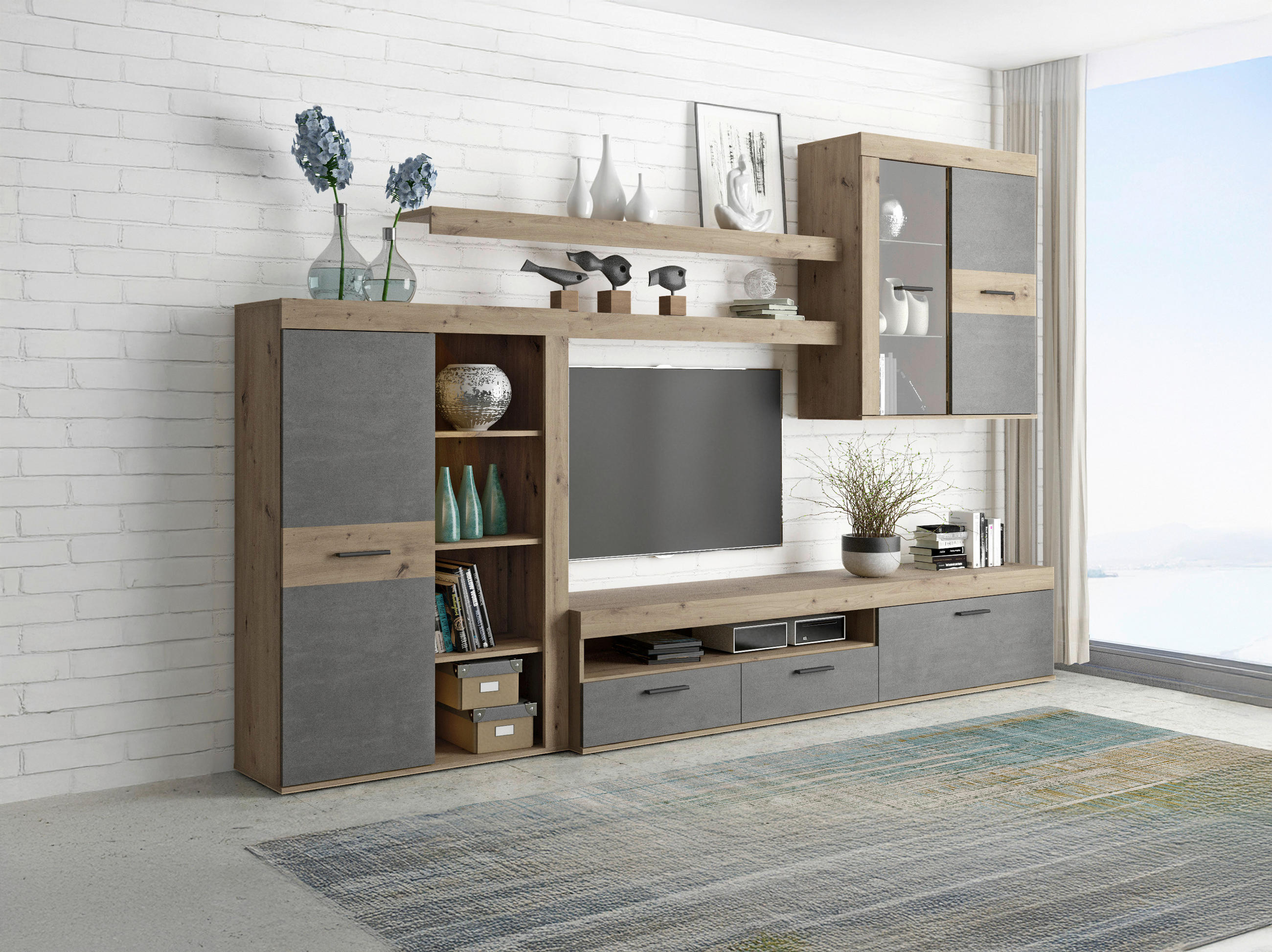 WOHNWAND  in Eiche Artisan  300/200,9/41 cm  - Schwarz/Eiche Artisan, Design, Glas/Holzwerkstoff (300/200,9/41cm) - Carryhome