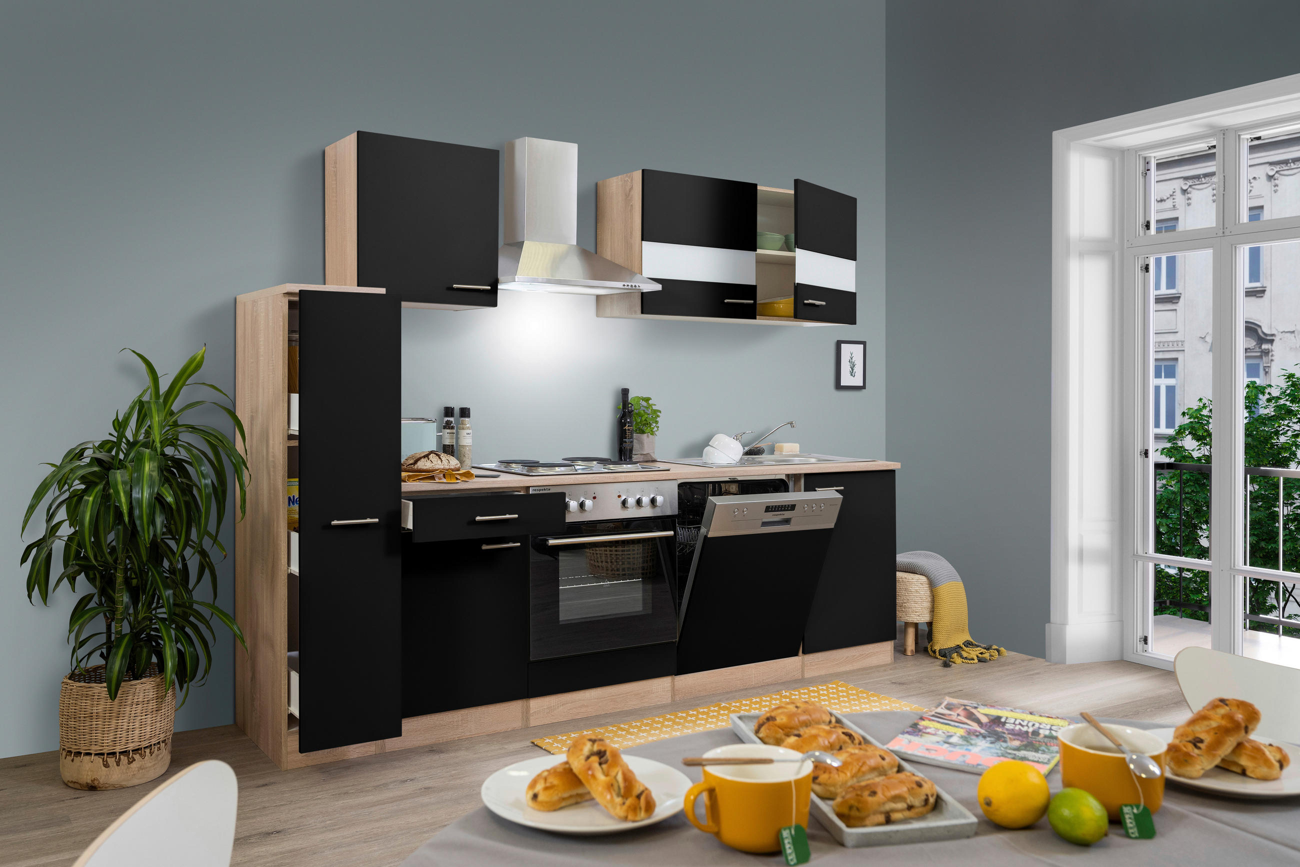 KÜCHENBLOCK 250 cm in Schwarz - Edelstahlfarben/Eichefarben, Basics, Holzwerkstoff/Metall (250cm) - Respekta