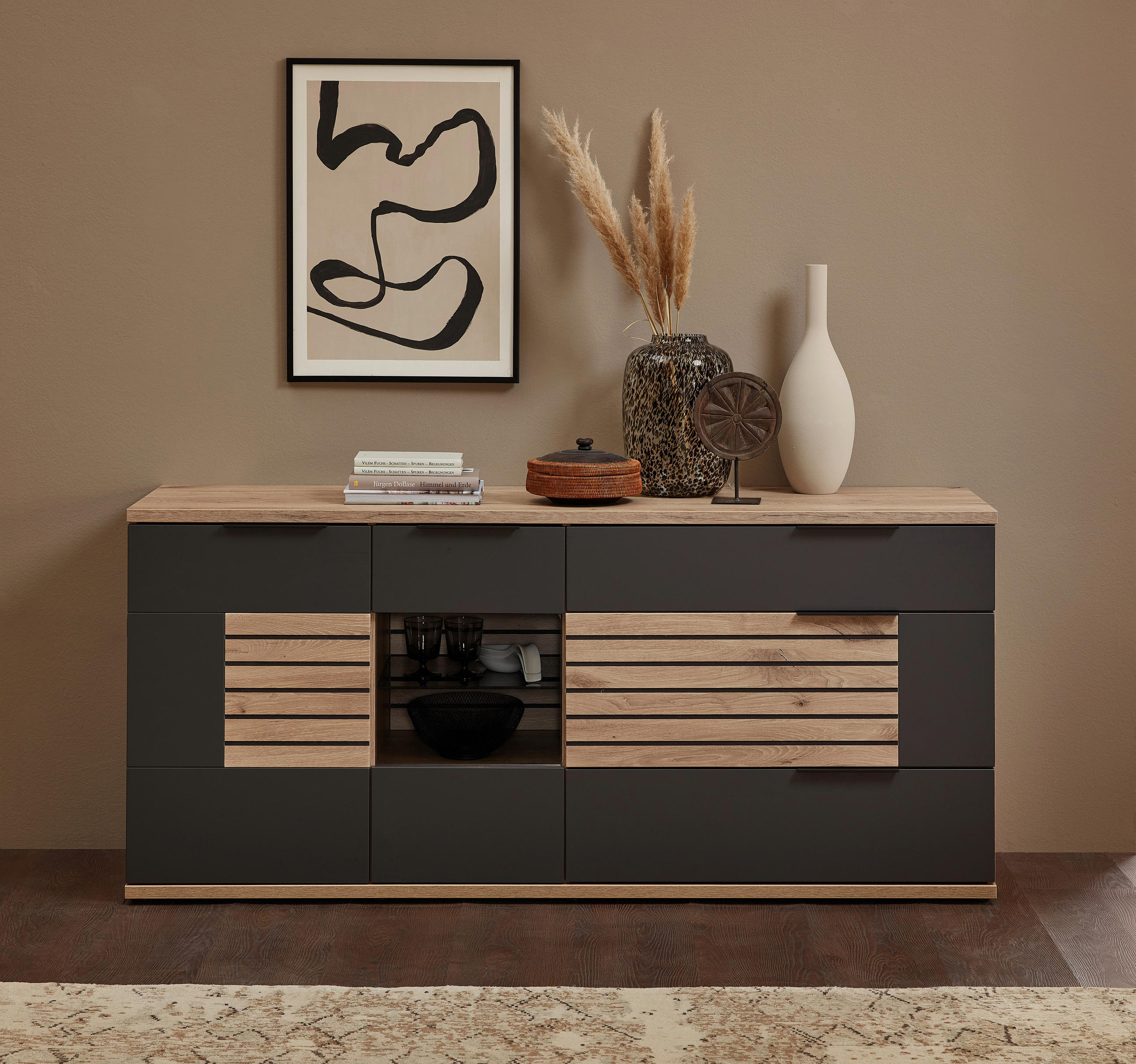 COMODĂ CU UȘI 180/83/46 cm - culoare lemn stejar/grafit, Design, sticlă/metal (180/83/46cm) - Novel