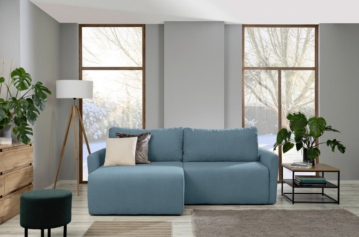 ECKSOFA in Cord Hellblau  228/146 cm  - Schwarz/Hellblau, KONVENTIONELL, Kunststoff/Textil (228/146cm) - MID.YOU