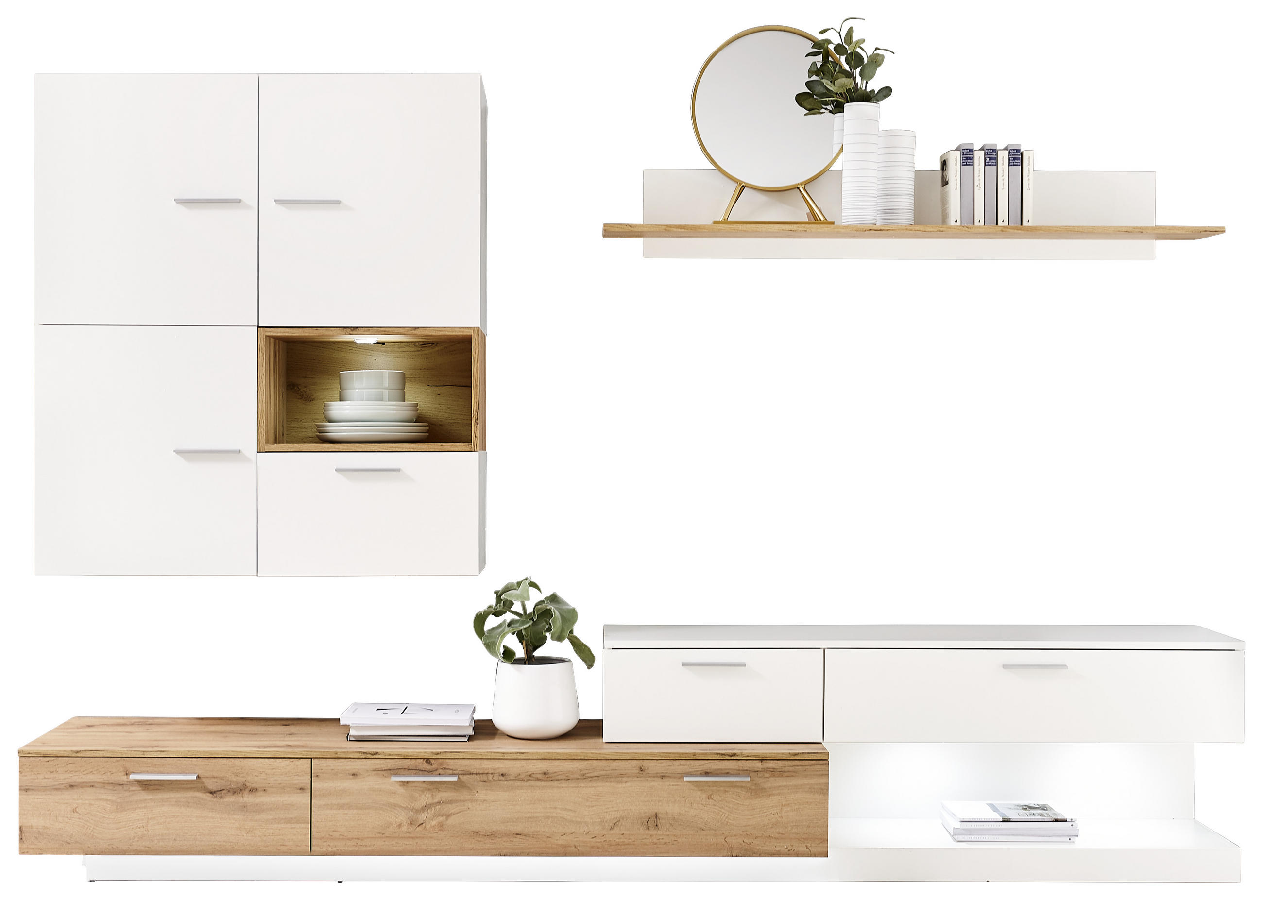 Wohnwand in Weiß, Eichefarben