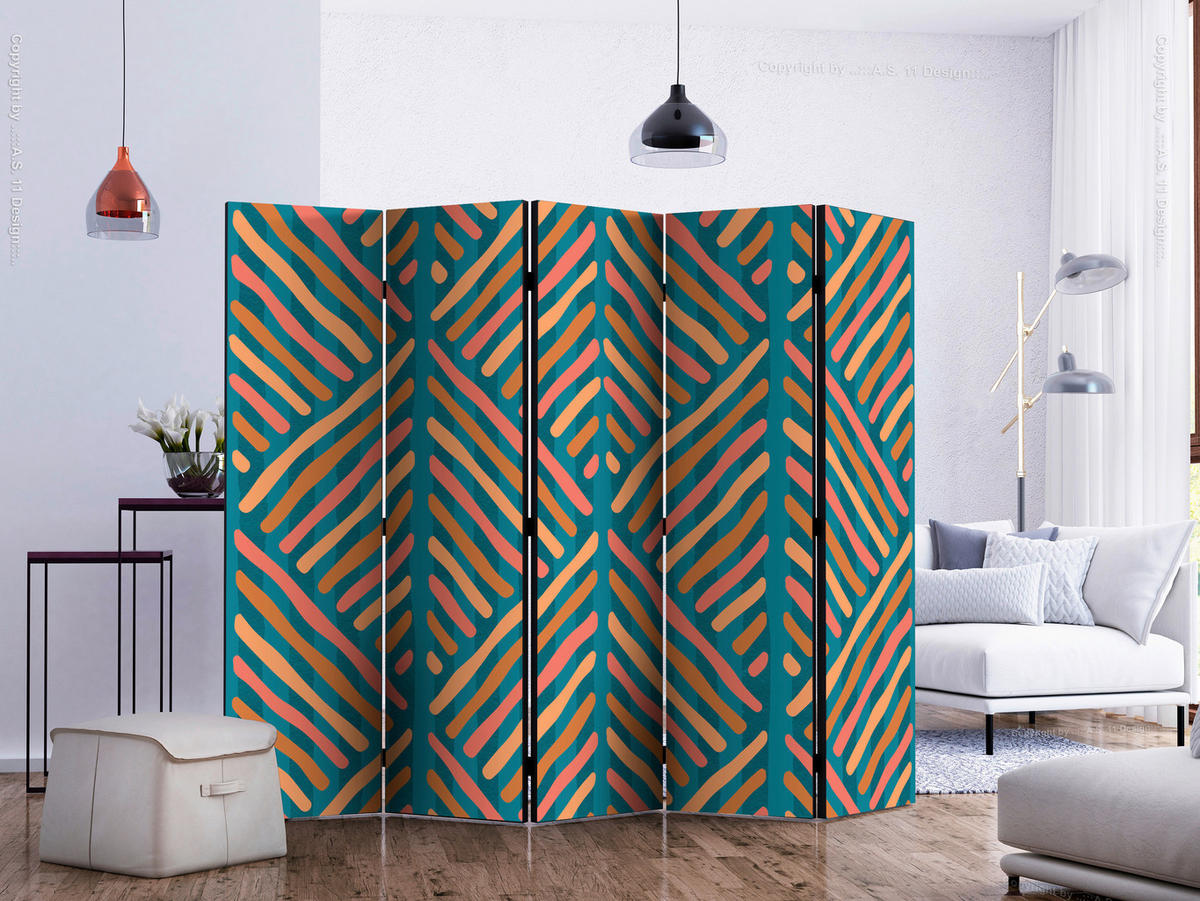 PARAVENT mit 5  Flügel - Dunkelgelb/Mintgrün, Basics, Holz/Textil (225/172/3cm) - artgeist