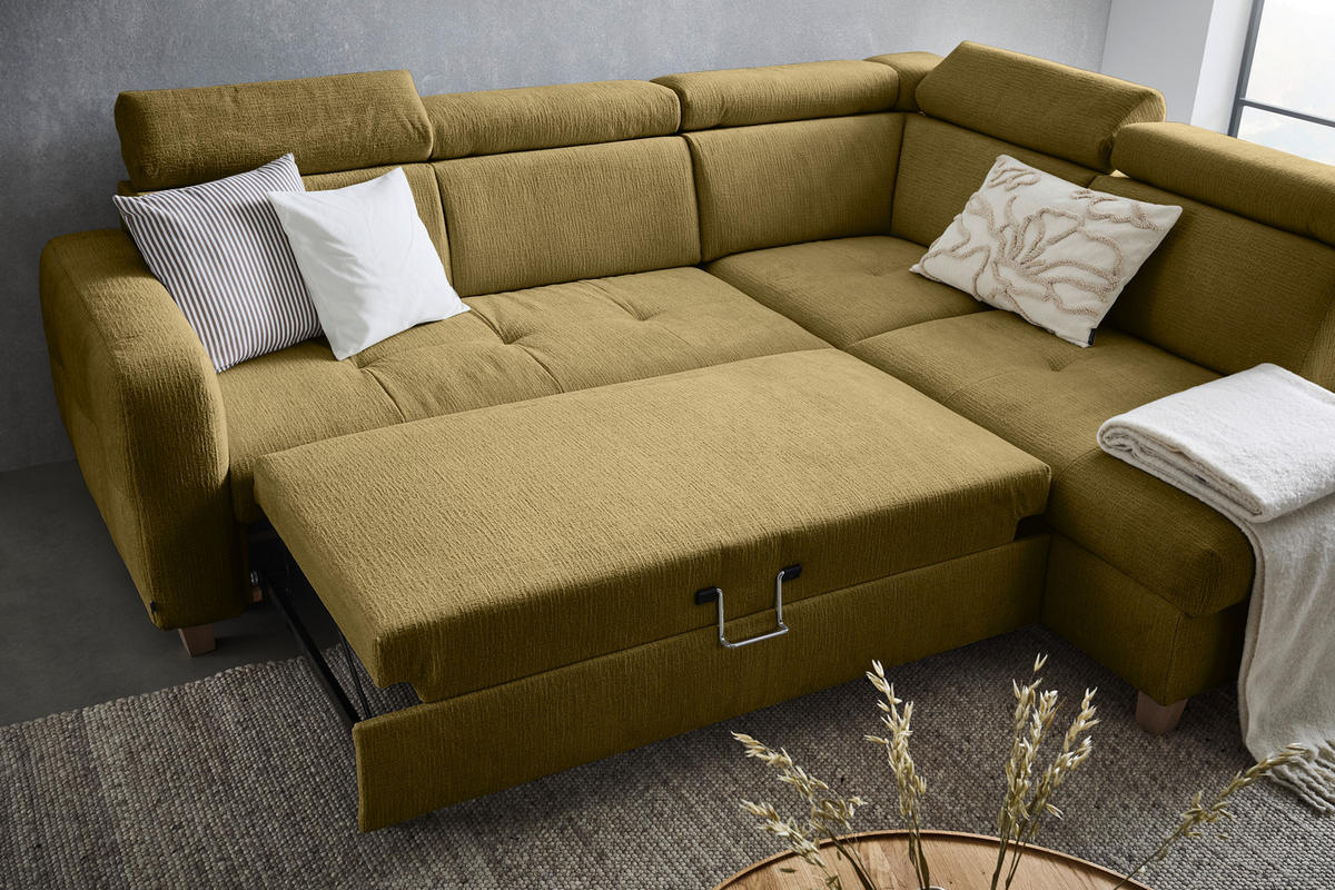ECKSOFA inkl. Funktionen Olivgrün Samt  - Bronzefarben/Olivgrün, Design, Holz/Textil (261/206cm) - Venda