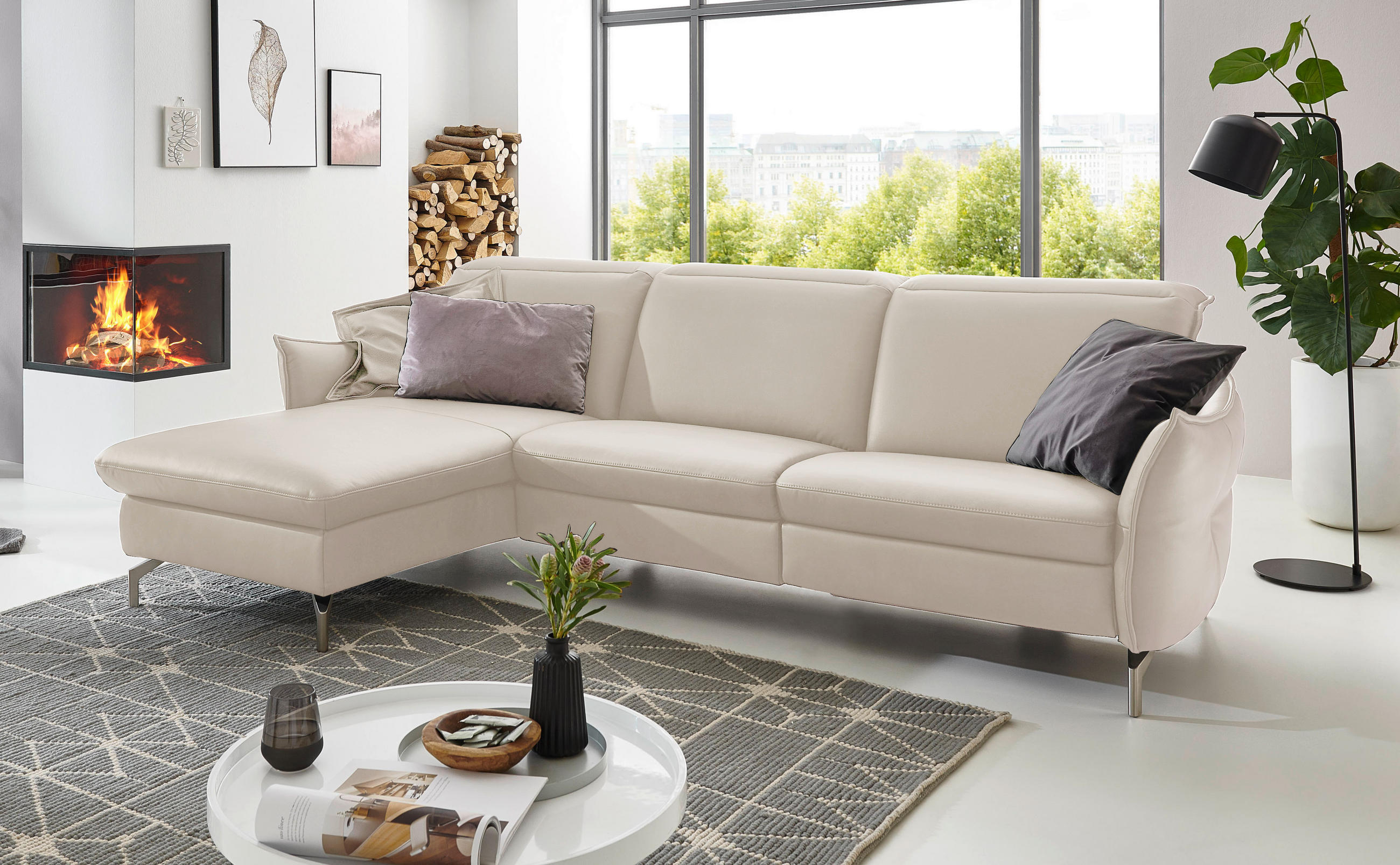 ECKSOFA Weiß Echtleder  - Weiß/Nickelfarben, MODERN, Leder/Metall (179/233cm) - Livetastic
