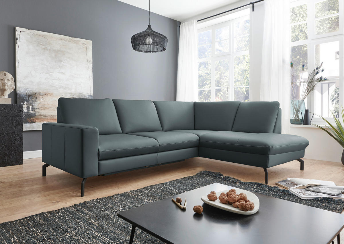 ECKSOFA Echtleder Blaugrau  - Blaugrau/Schwarz, Design, Leder/Metall (250/194cm) - Beldomo Premium