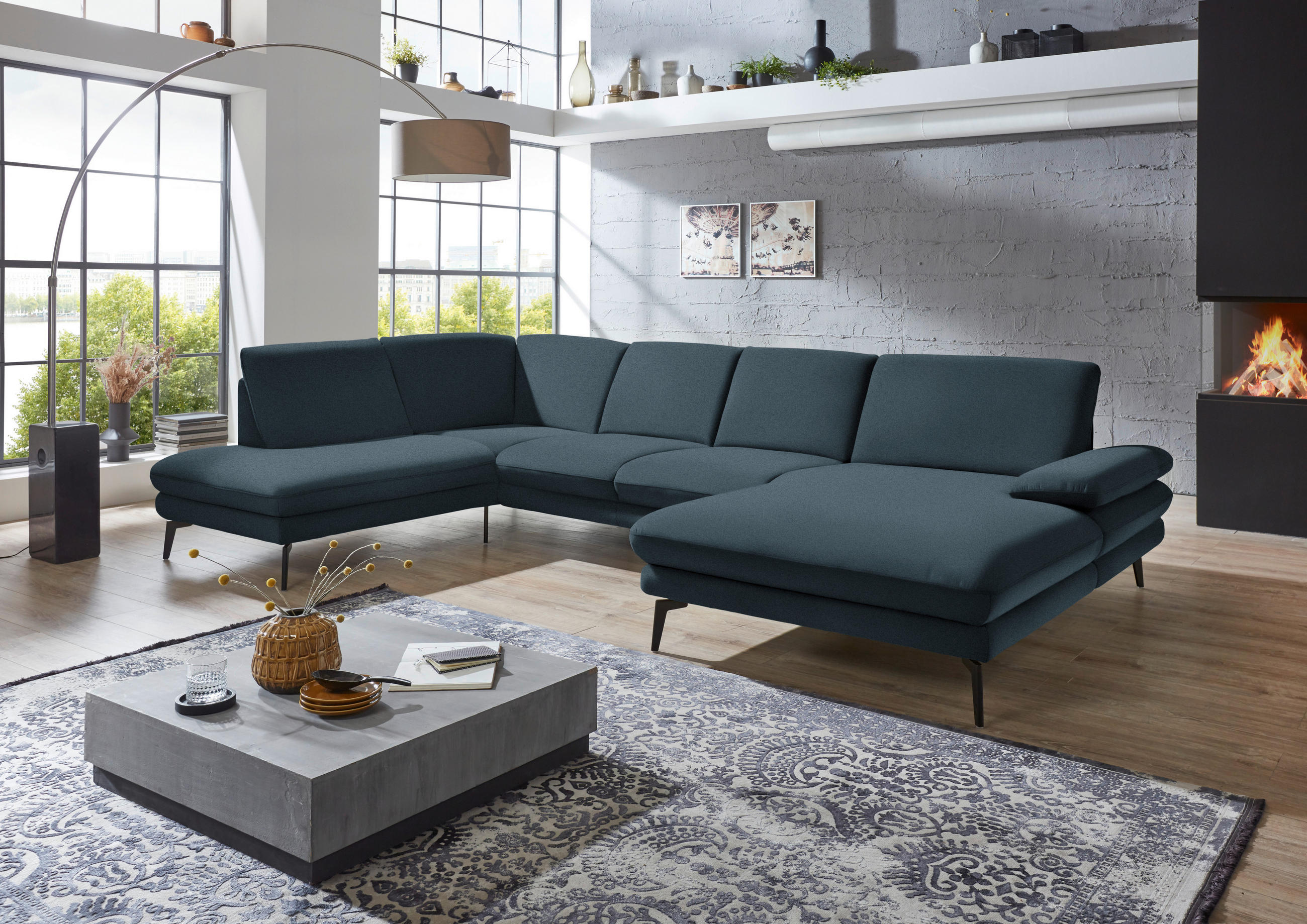 WOHNLANDSCHAFT Dunkelblau Webstoff  - Schwarz/Dunkelblau, Design, Textil/Metall (208/344/180cm) - Dieter Knoll