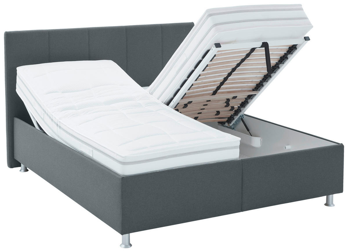 POLSTERBETT 160/200 cm,  in Dunkelgrau, Matratze, gepolstertes Kopfteil, Lattenrost, Bettkasten, H2 + H3 = mittel + fest  - Dunkelgrau/Alufarben, KONVENTIONELL, Holz/Holzwerkstoff (160/200cm) - Beldomo - Sleep