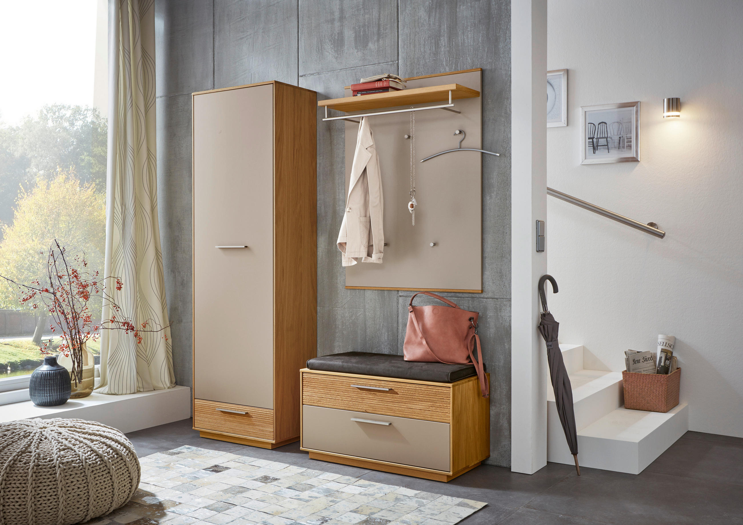 GARDEROBE 4-teilig  in 160/195/40 cm  - Taupe/Eichefarben, Design, Glas/Holz (160/195/40cm)