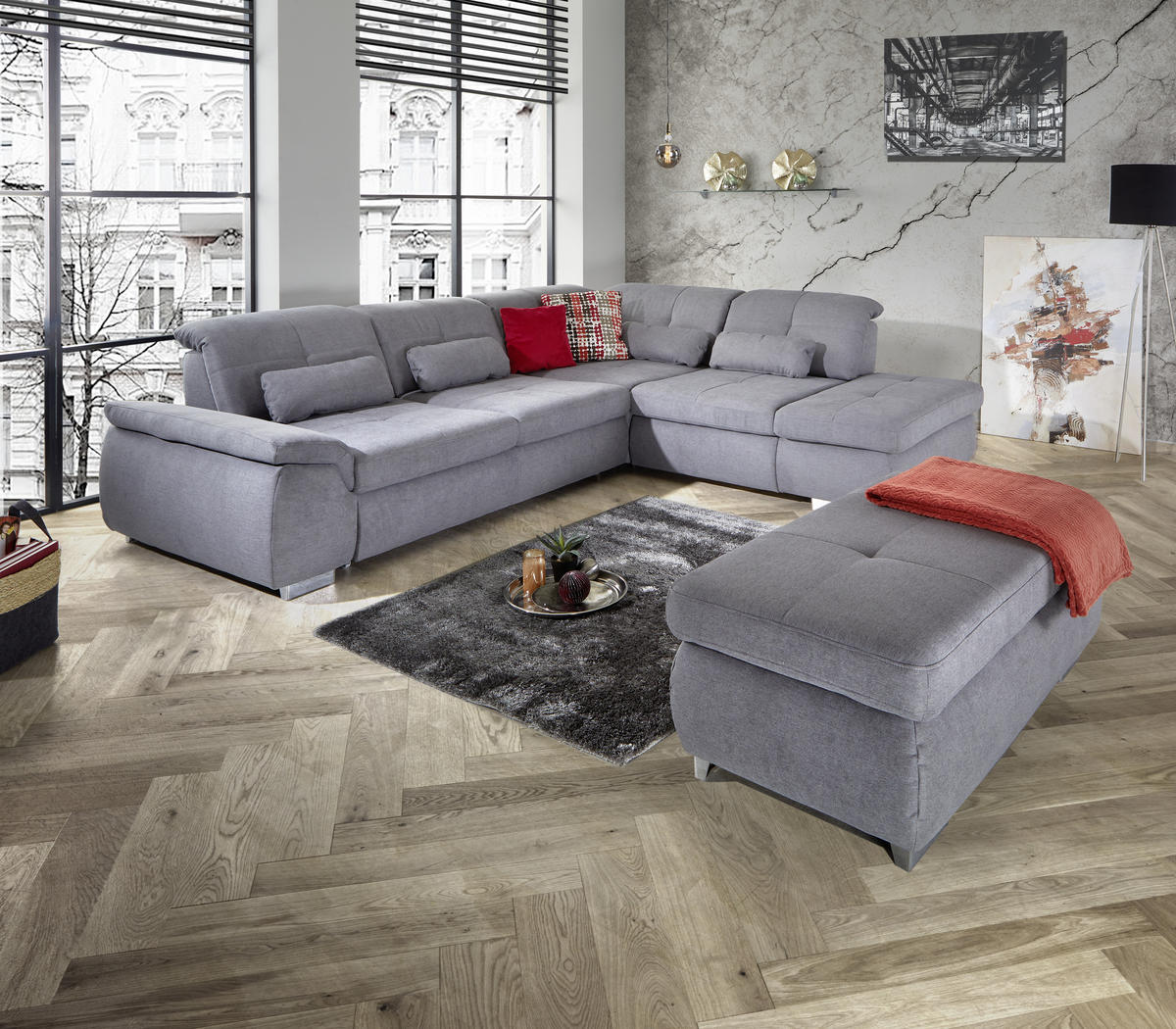 WOHNLANDSCHAFT in Mikrofaser, Chenille Grau  - Chromfarben/Grau, Modern, Textil/Metall (315/260cm) - Livetastic