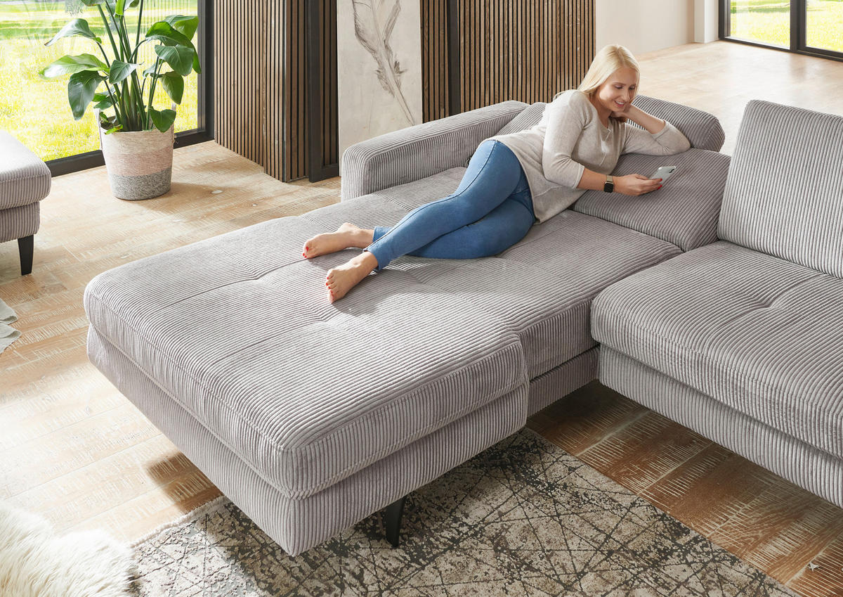 ECKSOFA Hellgrau Cord  - Hellgrau/Schwarz, MODERN, Textil/Metall (177/302cm) - Beldomo Style