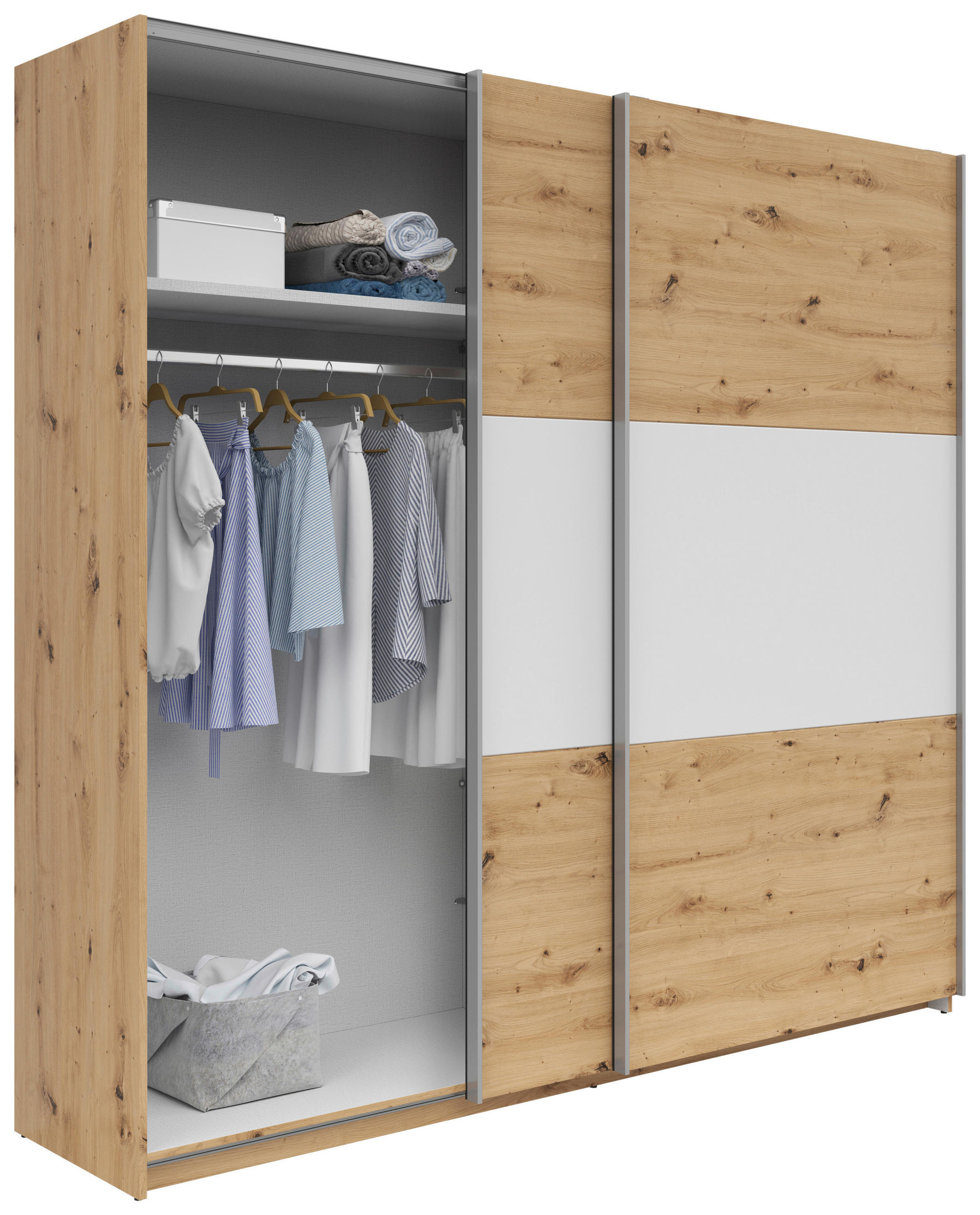 SCHWEBETÜRENSCHRANK 218/210/59 cm 2-türig Weiß, Eichefarben  - Eichefarben/Silberfarben, KONVENTIONELL, Holzwerkstoff/Metall (218/210/59cm)