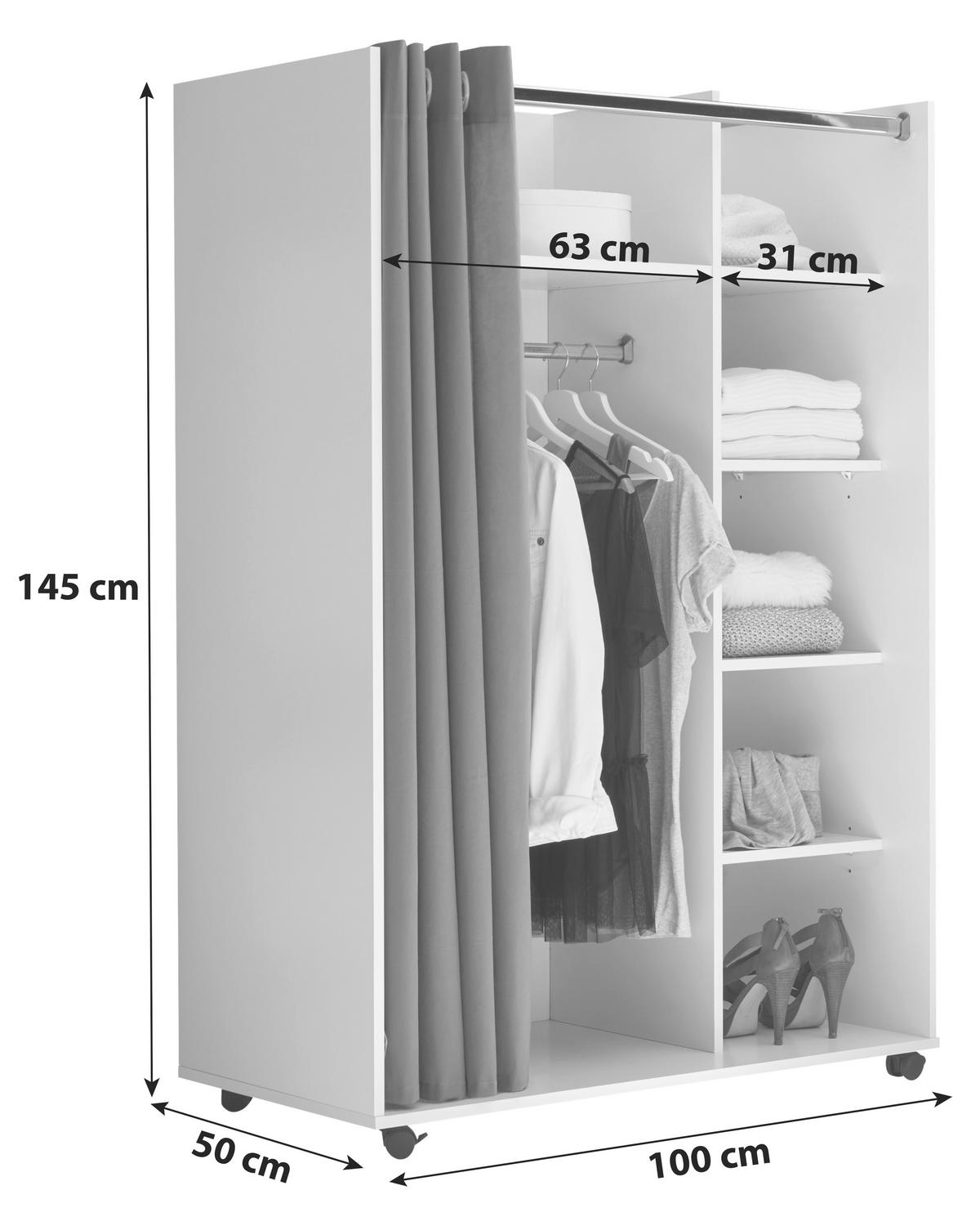 NYITOTT GARDRÓBSZEKRÉNY - fehér/szürke, Basics, faalapú anyag/textil (100/145/50cm) - MID.YOU