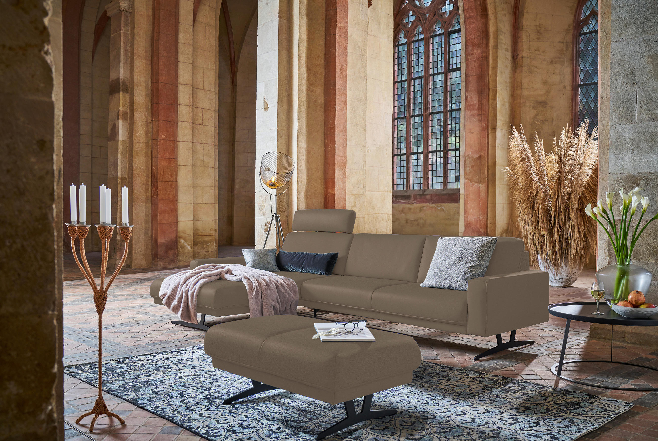 ECKSOFA in Echtleder Greige  - Greige/Anthrazit, Konventionell, Leder/Metall (179/324cm) - Johann Jakob