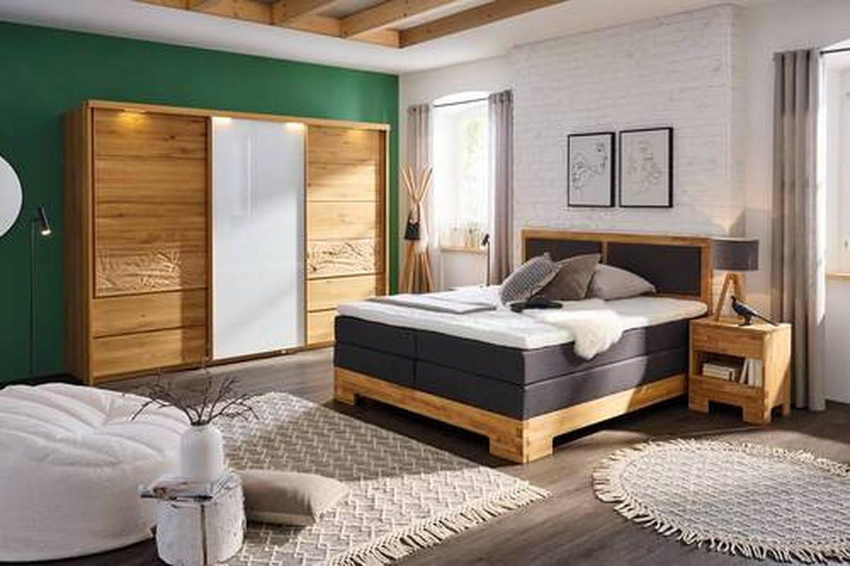 SCHWEBETÜRENSCHRANK in Weiss, Eichefarben  - Weiss/Eichefarben, Natur, Glas/Holz (285/216/70cm) - Linea Natura
