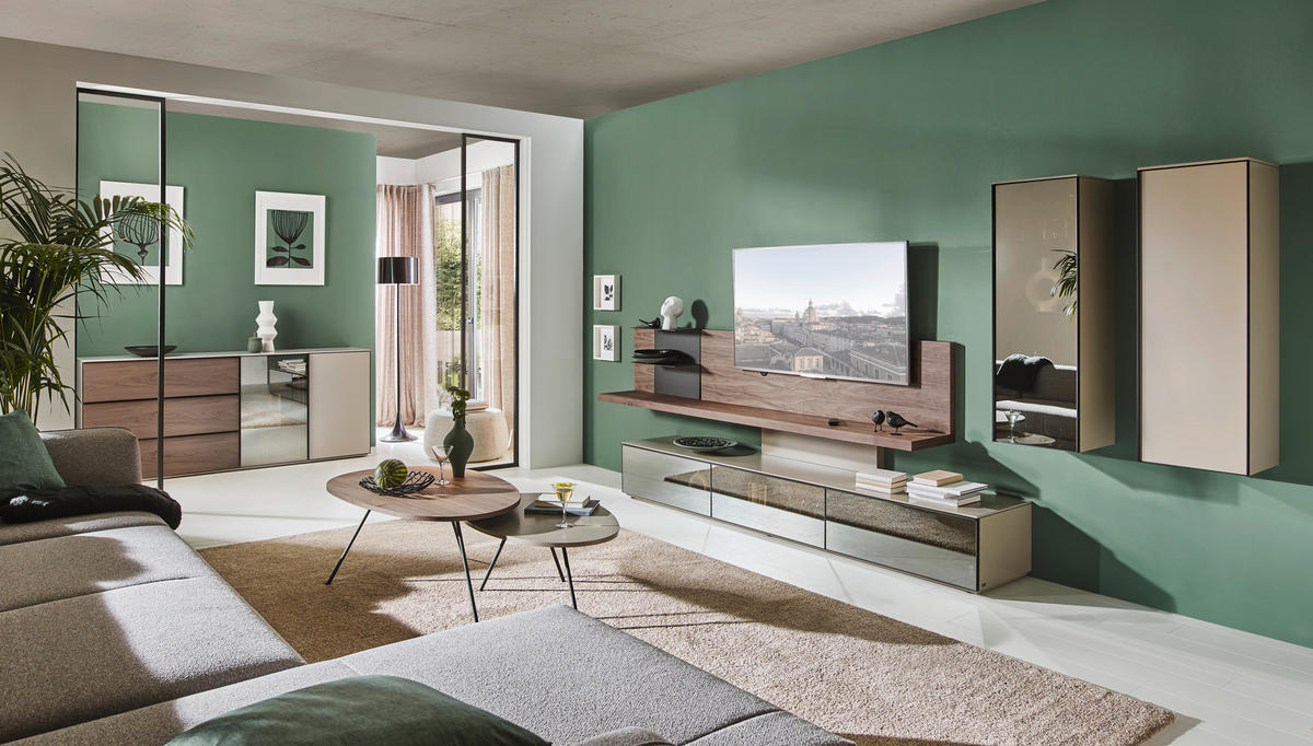 WOHNWAND  in Taupe, Nussbaumfarben 415/190/45 cm  - Taupe/Nussbaumfarben, Design, Glas/Holz (415/190/45cm) - Ambiente