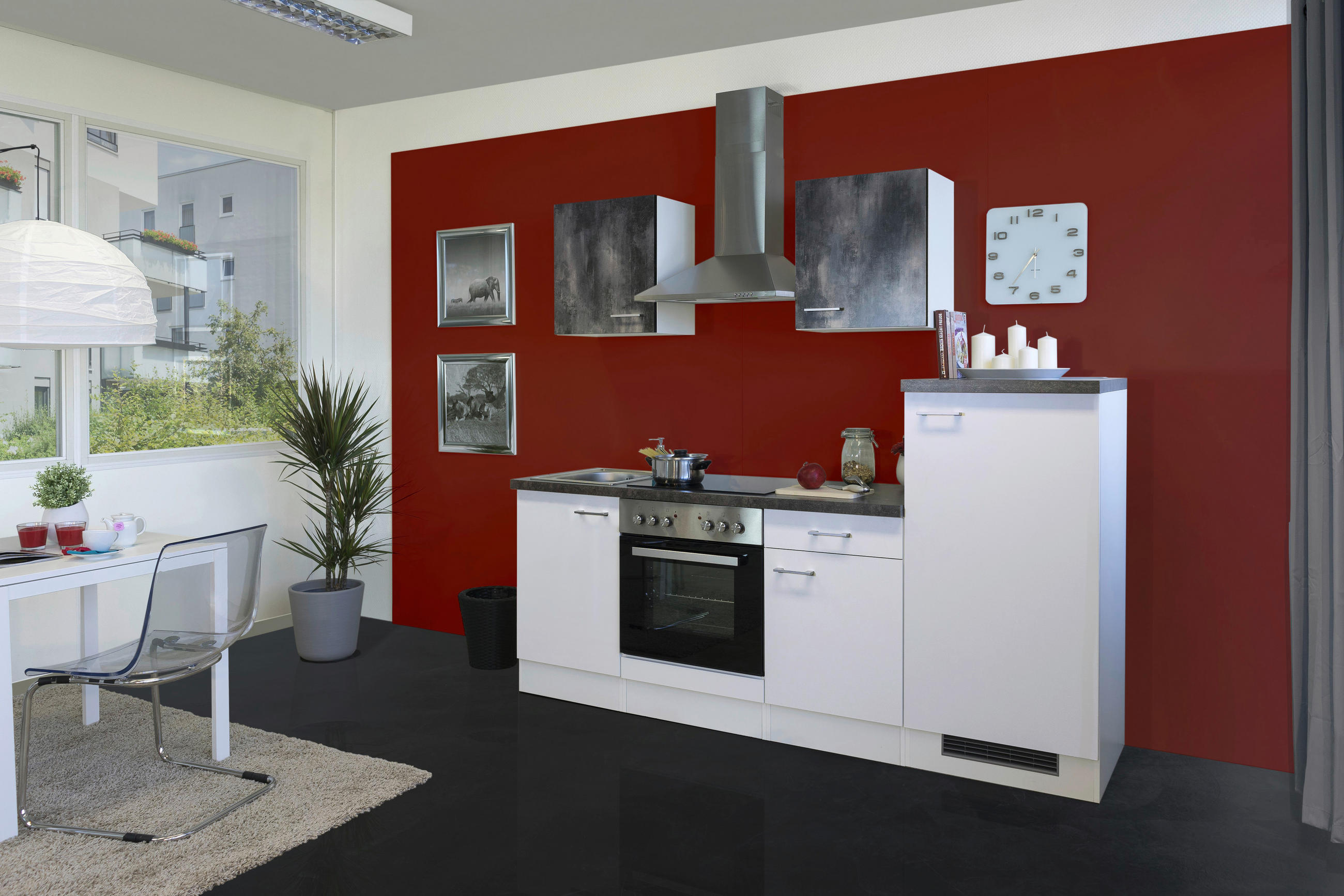 KÜCHENBLOCK 220 cm   in Weiß  - Graubraun/Alufarben, MODERN, Holzwerkstoff/Kunststoff (220cm) - FlexWell
