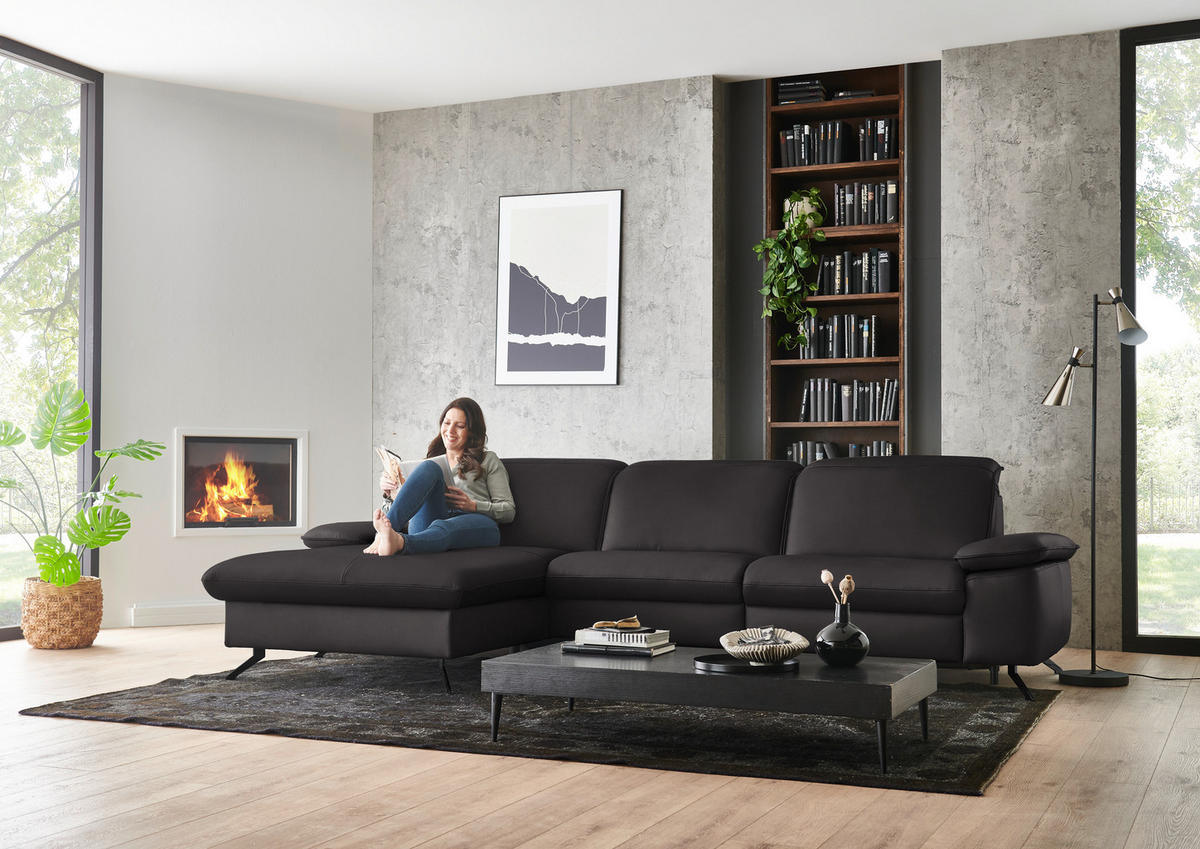 ECKSOFA  Echtleder Schwarzbraun  - Schwarzbraun/Schwarz, Design, Leder/Metall (169/307cm) - Beldomo Premium